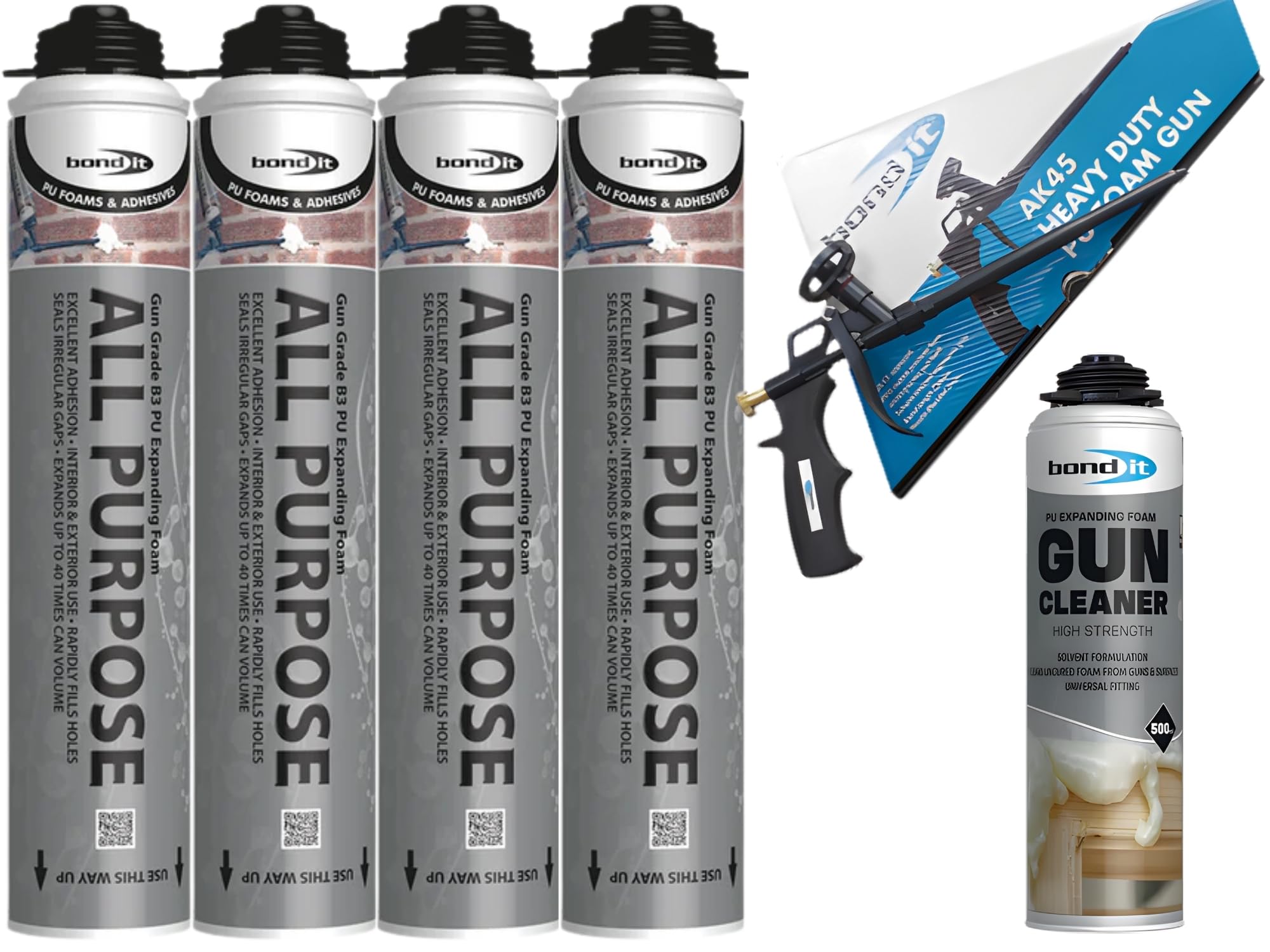Bond It All Purpose Gun Grade PU Expanding Foam Set – 4 Pack (750ml Each) with Foam Gun & Cleaner – B3 Fill and Fix Insulation Foam Filler for Gaps, Windows, Doors & Framework Installation