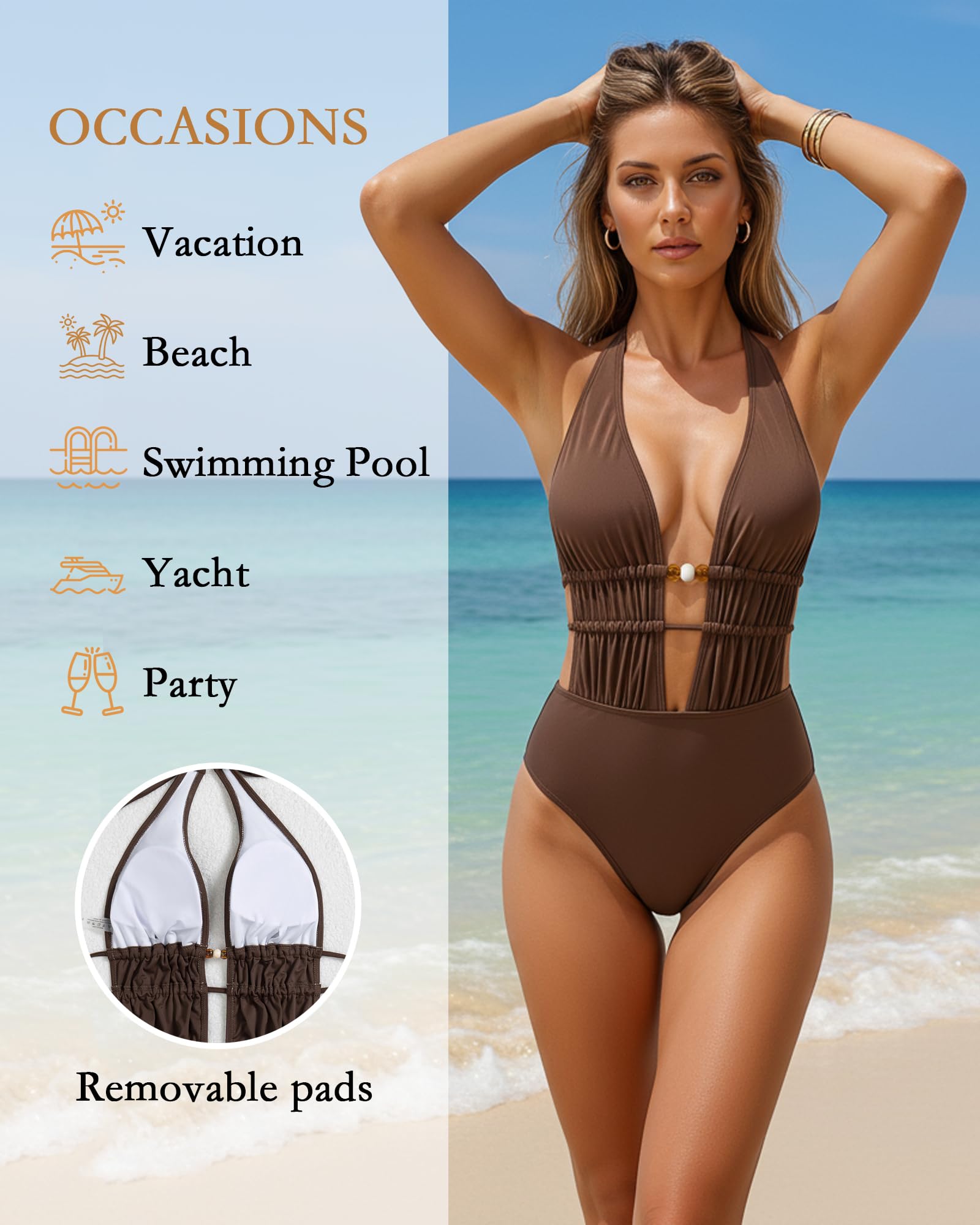 Bañador de Una Pieza Mujer Reductor Abdominal Push Up Moldeador Escote V Fruncido Sexy Espalda Descubierta Cordón Moda Playa Marrón Swimsuit