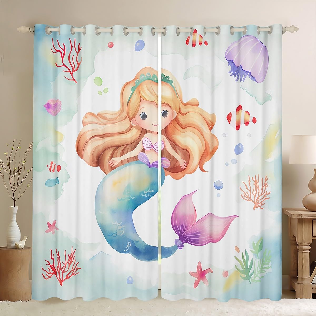 Erosebridal Kawaii Mermaid Curtains for Girls Cute Mermaid Tail Blackout Curtains Coastal Theme Curtains & Drapes 76Wx54L Pink Jellyfish Bedroom Curtains Multicolor Starfish Bubble Window Treatments