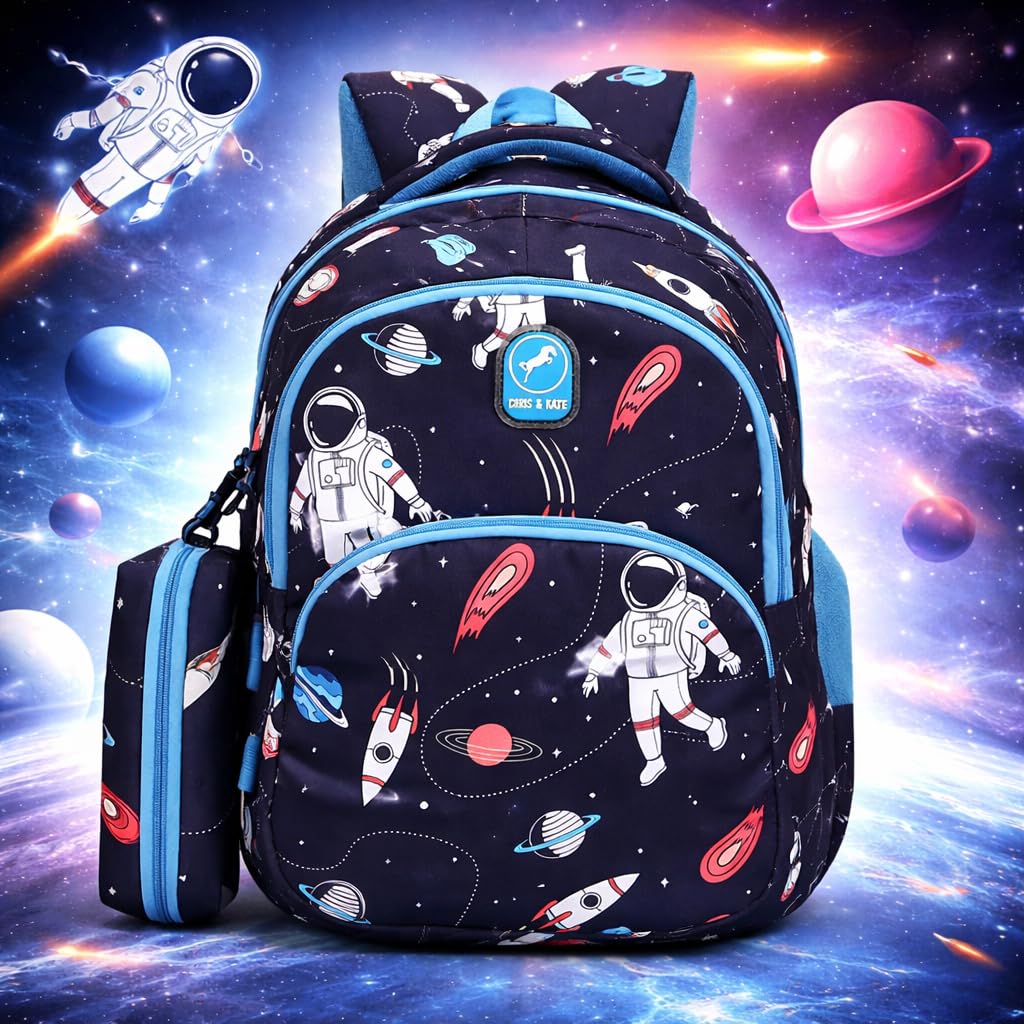 Chris & Kate 25L 2 Compartments Astronaut School Bags for Kids Boys & Girls Collage Daypack Picnic Backpack Water Resistant Lightweight Unisex Bagpack Bag with Rain cover and Stationery Pouch 1