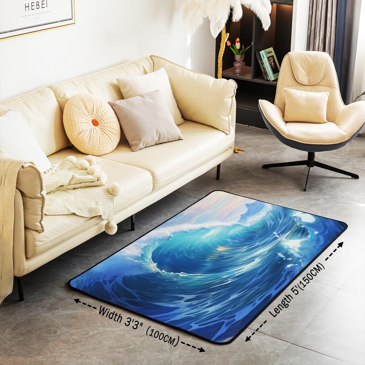 Bleu Ocean Tapis Salon pour Enfants Adolescents Adult,Tapis Vagues 100x150,Catastrophes Naturelles Tapis Intérieur Et Extérieur Rectangulaire,Tsunami Illustration Salon Home Decor Tapis