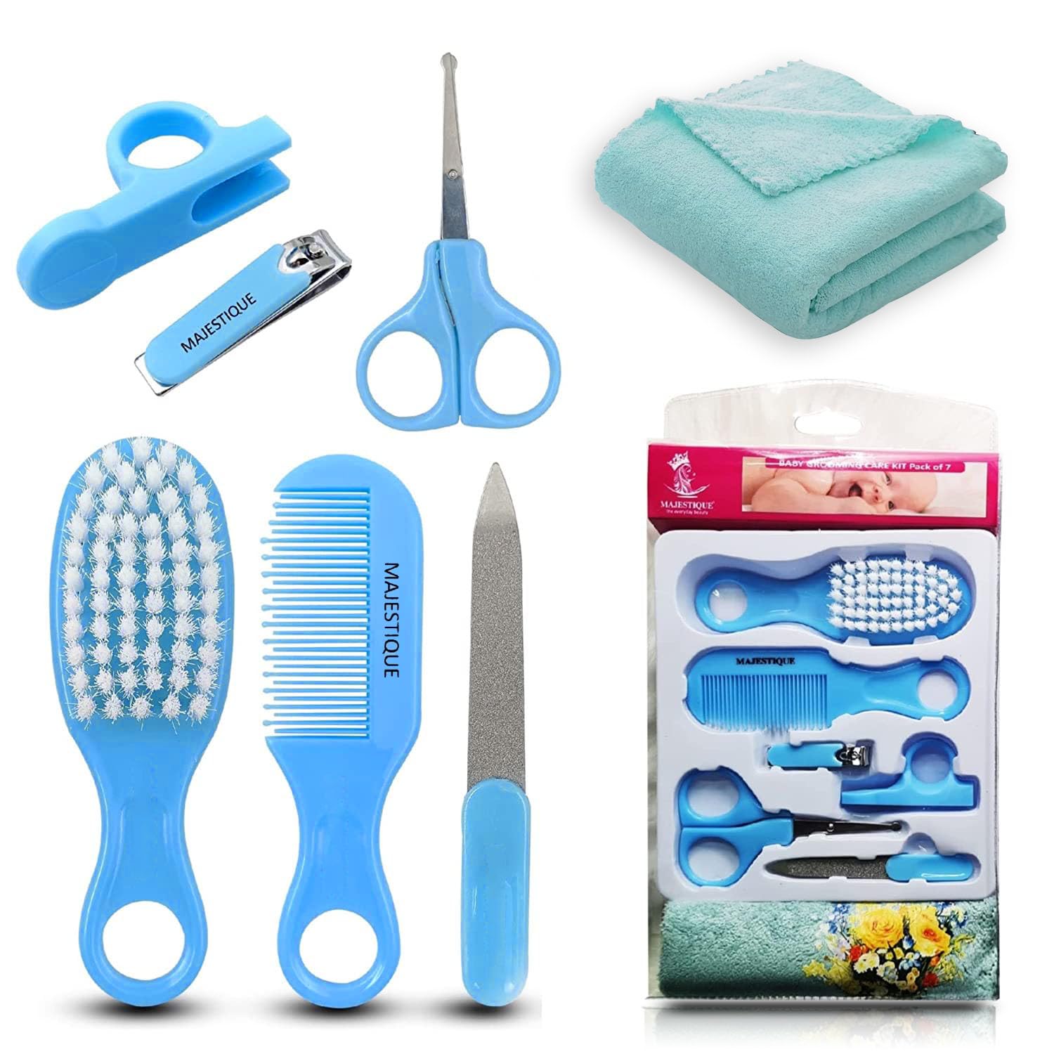 Majestique Child Grooming Kit, Child Hair Brush, Brush, Nail Trimmer, Nail Record and Delicate Child Towel, Child Prepping Pack for New Conceived Child, Baby Girls Boys Keep Clean (7 in 1 Set) Blue