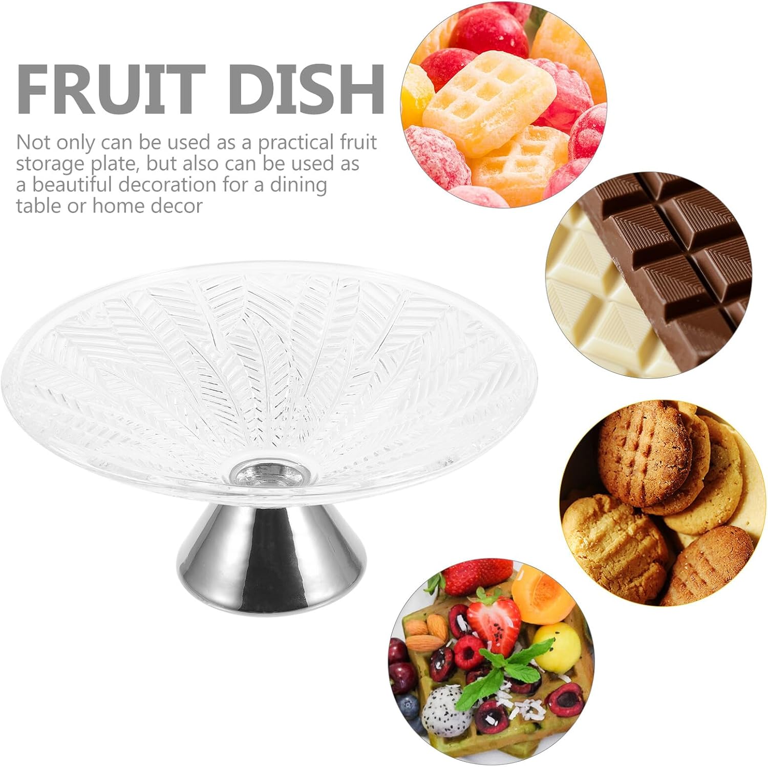 Delicate Footed Glass Fruit Bowl with High Base Decorative Snack Tray for Kitchen Counter Wedding Party and Home Display Elegant Leaf Design Dessert Storage Container