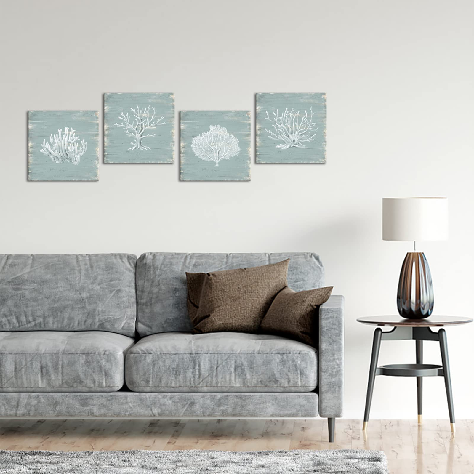 HOMEOART Coastal Pictures Coral Painting Canvas Wall Art Bathroom Decor Picture Beach Theme Artwork Home Decor Framed Ready to Hang 12"x12"x4 Pieces