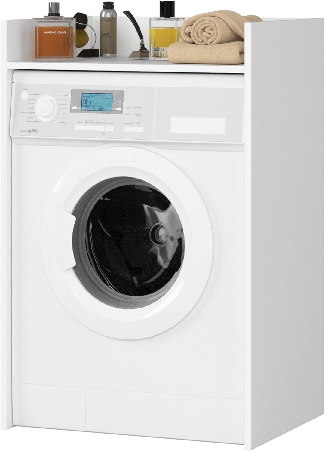Close-up of the AKORD Washing Machine Cabinet's top shelf with toiletries