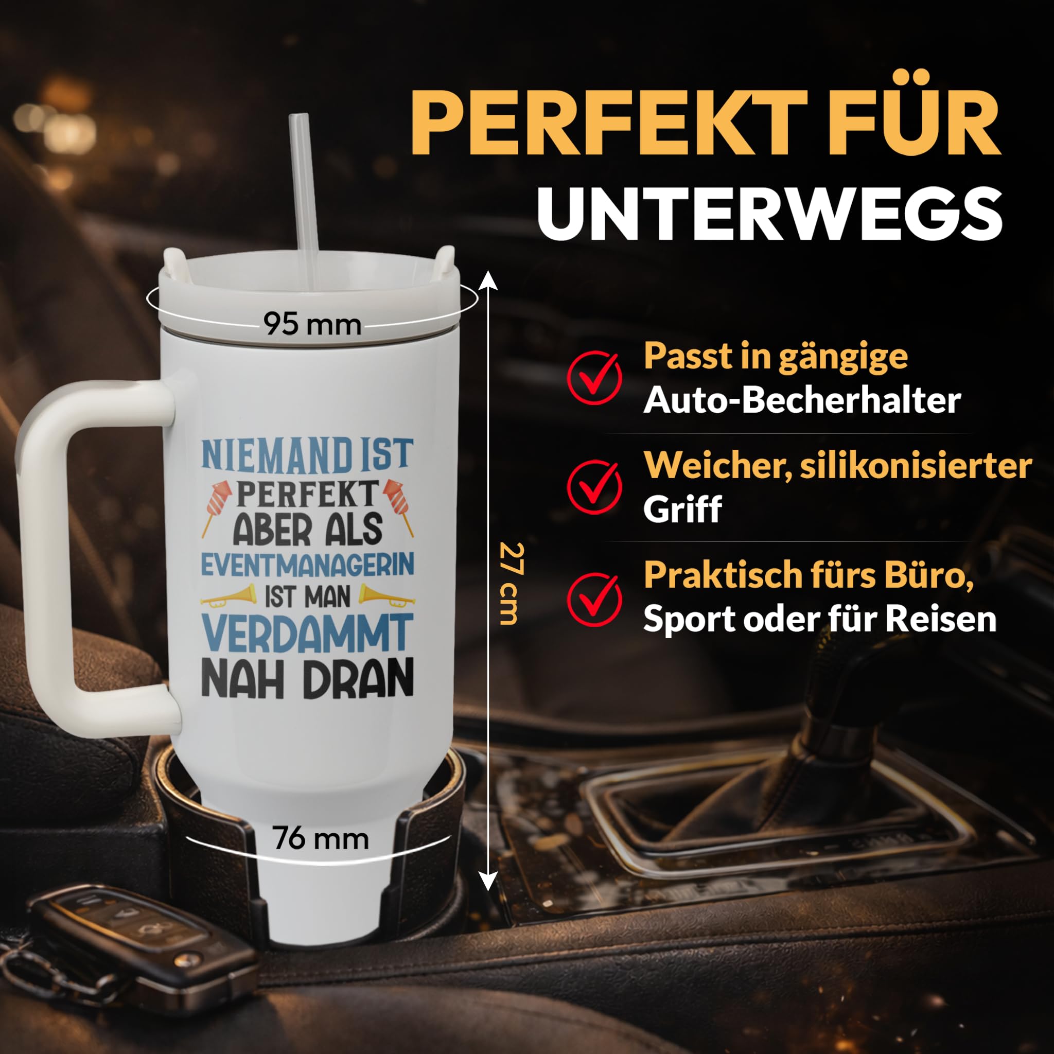 XXL Thermobecher für Eventmanagerin – Lustiges Geschenk zum Geburtstag & Jobwechsel – Edelstahl Trinkflasche, Weiß mit Spruch (WIEDERVERWENDBAR)