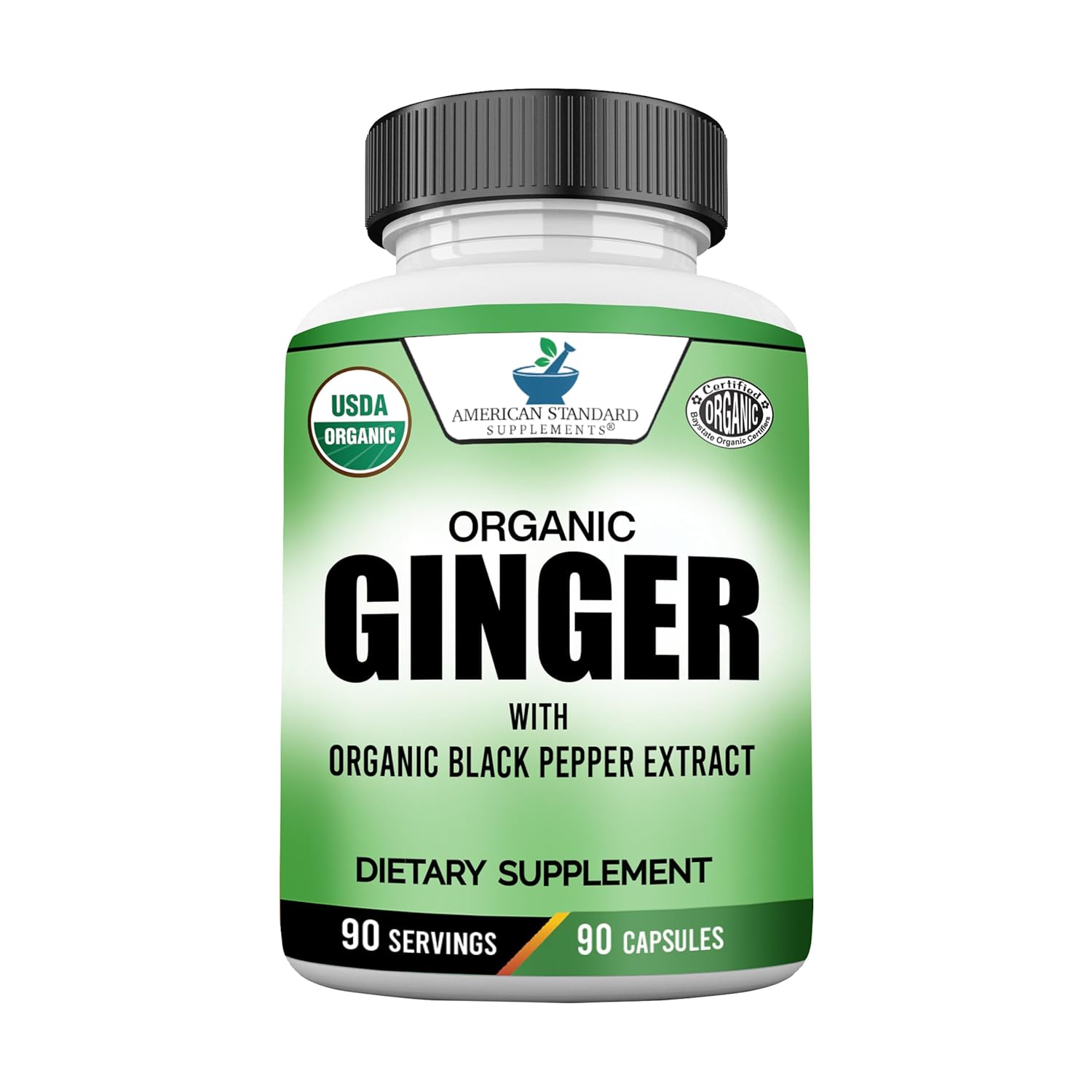 American Standard Supplements Extrato Orgânico de Gengibre com Extrato de Pimenta Preta Orgânica, Vegano, Sem Glúten, Não-OGM, 90 Cápsulas, 90 Porções