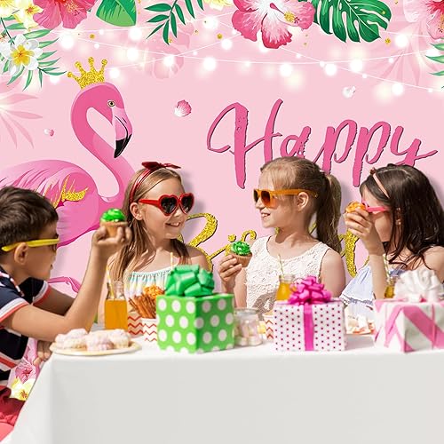 Miniatura 5 de Preboun Fondo de decoración de fiesta de cumpleaños de flamenco, 3.6 x 6 pies, fondo tropical hawaiano, floral, flamenco, fotografía, para Luau