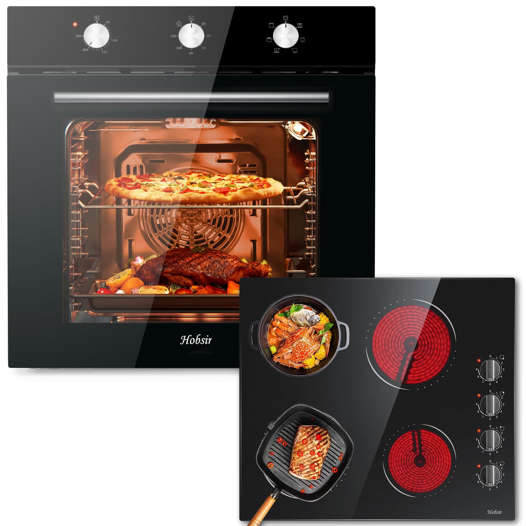 Hobsir Einbaubackofen mit Glaskeramikkochfeld: 60L Einbaubackofen mit 6 Programmen & Umluft + 60cm Glaskeramikkochfeld 6000W, 4 Zonen & Drehregler