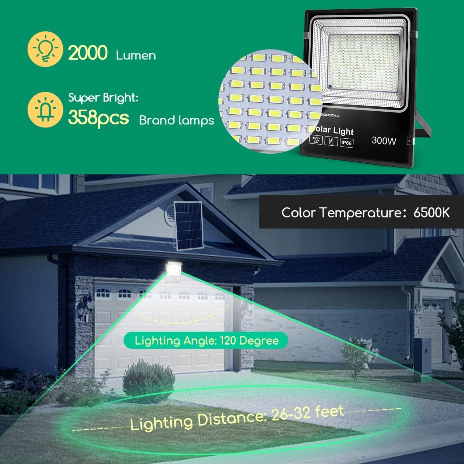 Aigostar-Foco proyector LED solar con mando a distancia，300W，6500K luz blanca.Resistente al agua IP66.Perfectos para interior y exterior jardín，patios，caminos o garajes，Longitud de cable 2M，2 Piezas