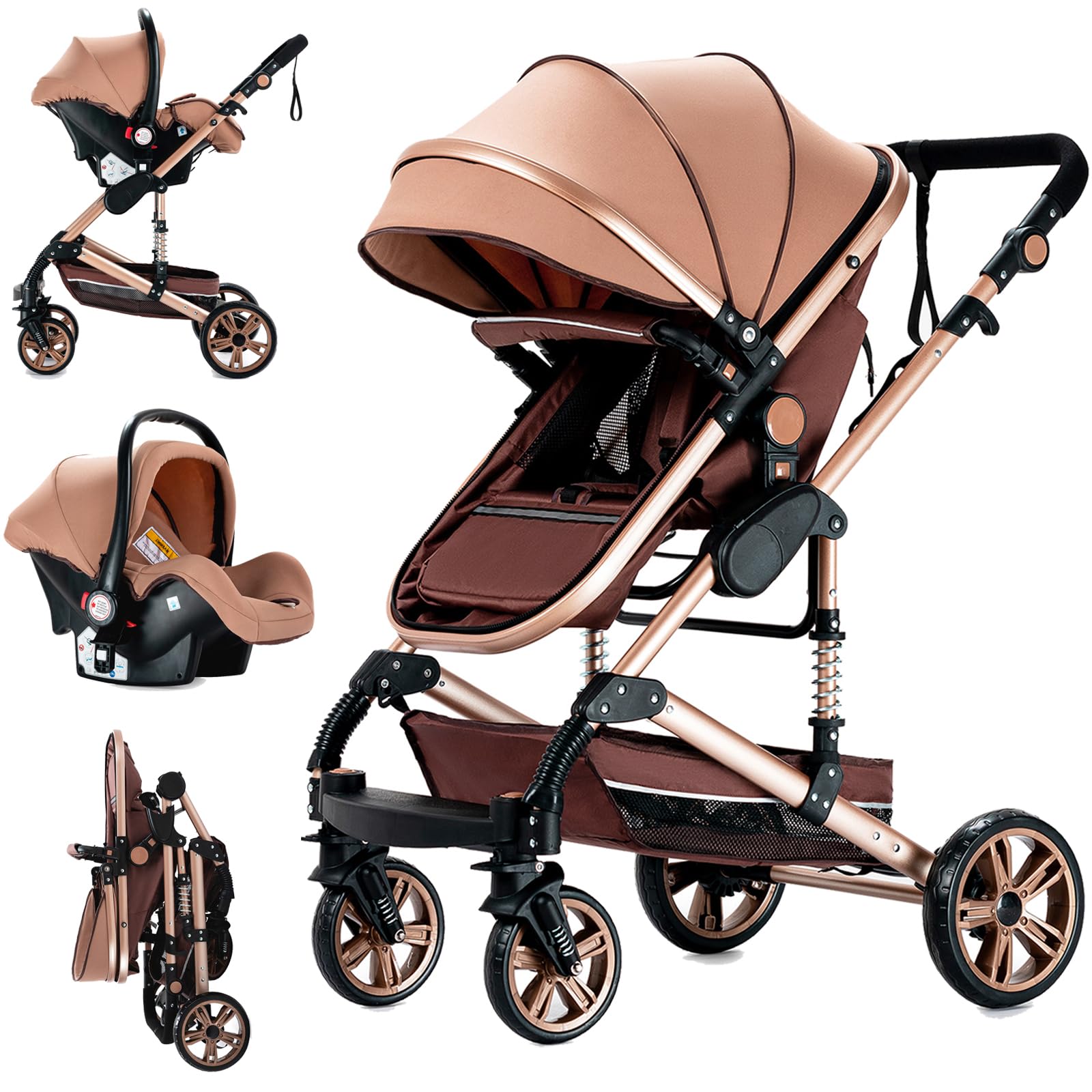 Poussette 3 en 1 Avec Deux Modes de Poussée Réversible, Design Pliable en Un Clic, Grande Nacelle Confortable (739 Beige)