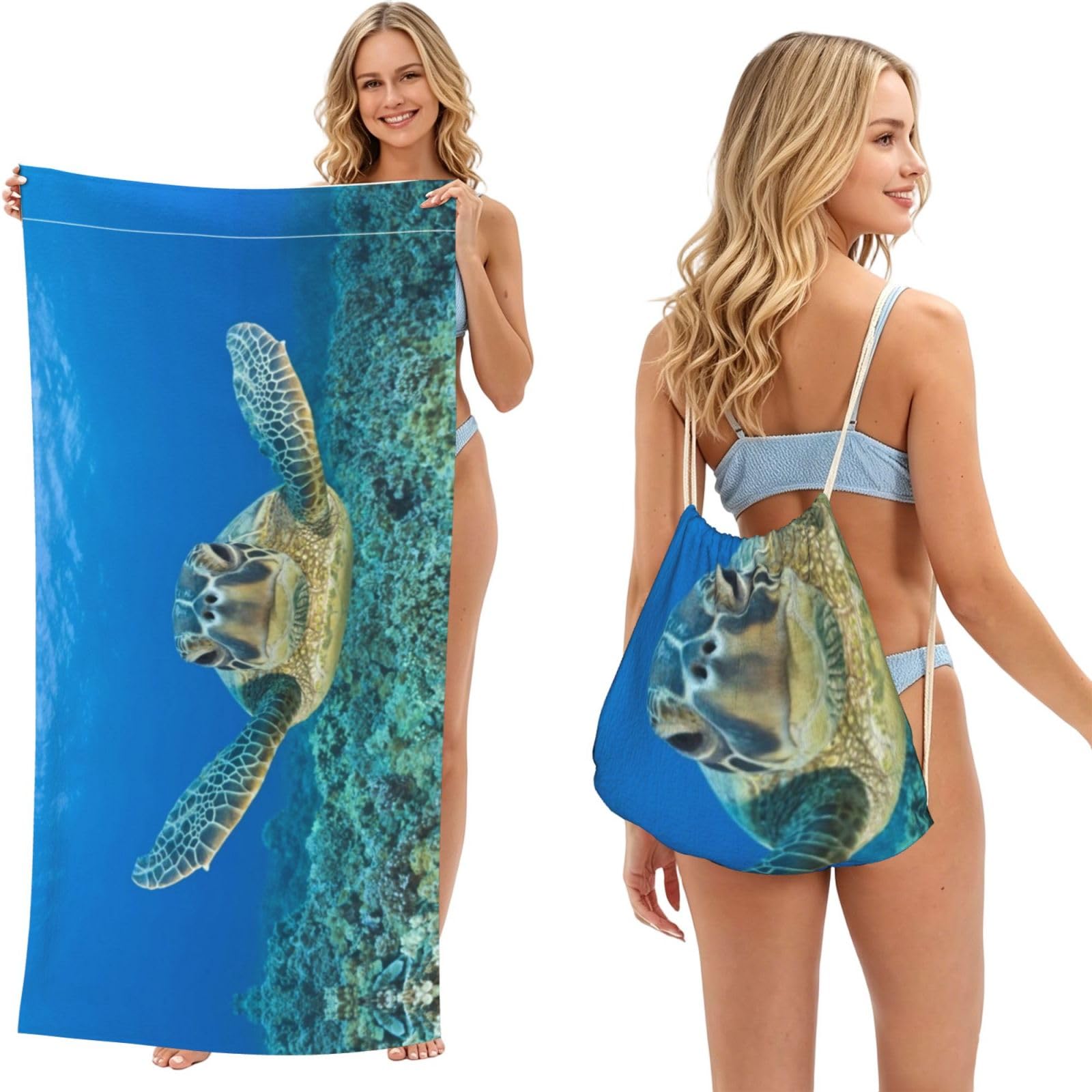 SATUSA Sea Turtles Print 2-In-1 Foldable Beach Towel Backpack â€“ Camping, Yoga And Travel,Bath Towel With Built-In Storage, Convertible Beach Mat & Carry Bag