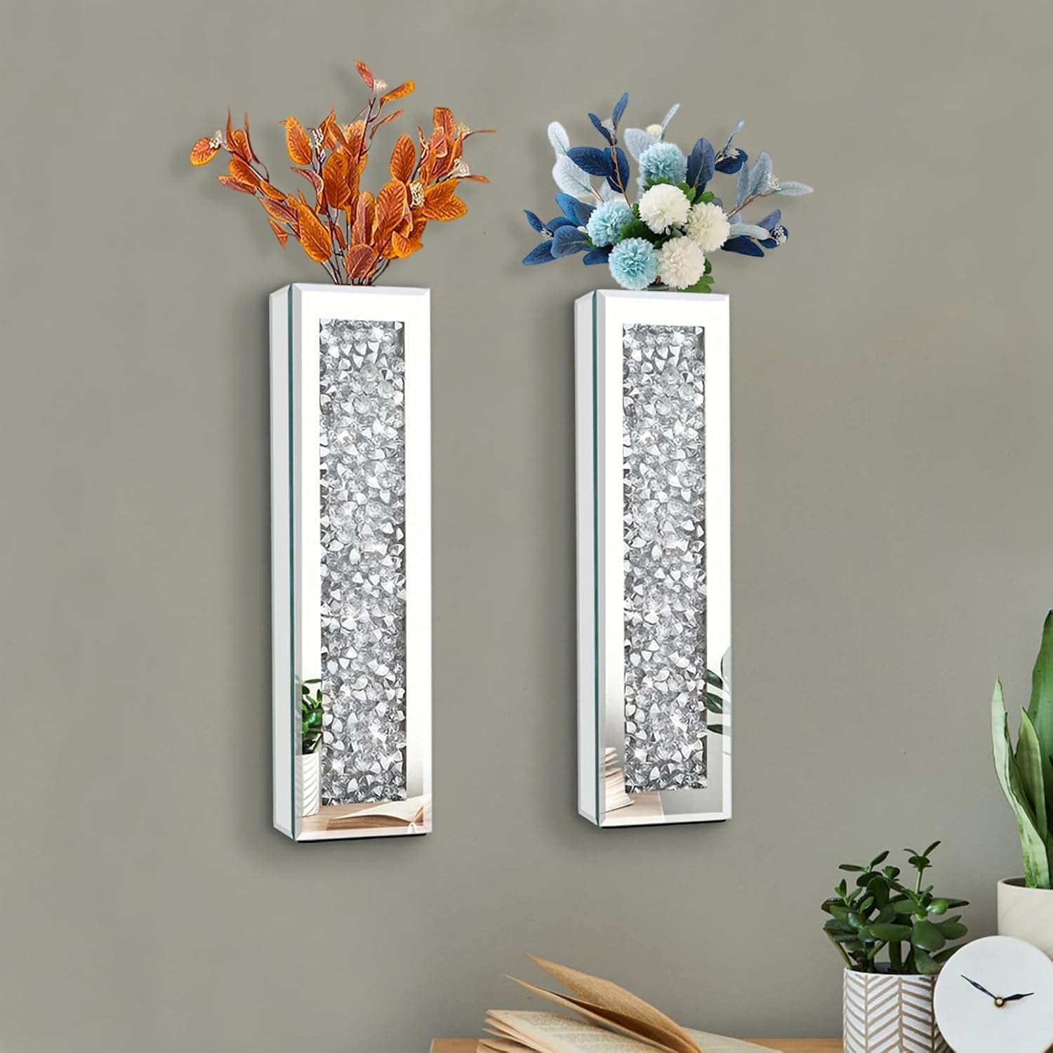 Silver wall Decor Mirrored Vase Set of 3,Crystal Crush Diamond Flower Vase,Stunning Decorative Glass Hanging Planter & Container for Home Wall Decor.Befit for Faux Plants.Can't Hold Water.