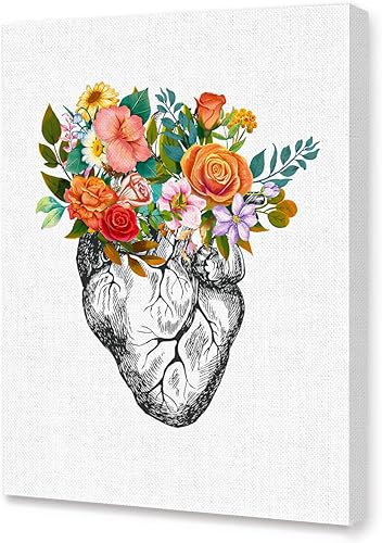 LISTNGBO Lienzo de anatomía humana con corazón de flores, arte de pared, para enfermera, oficina, oficina, oficina, oficina, oficina, oficina,