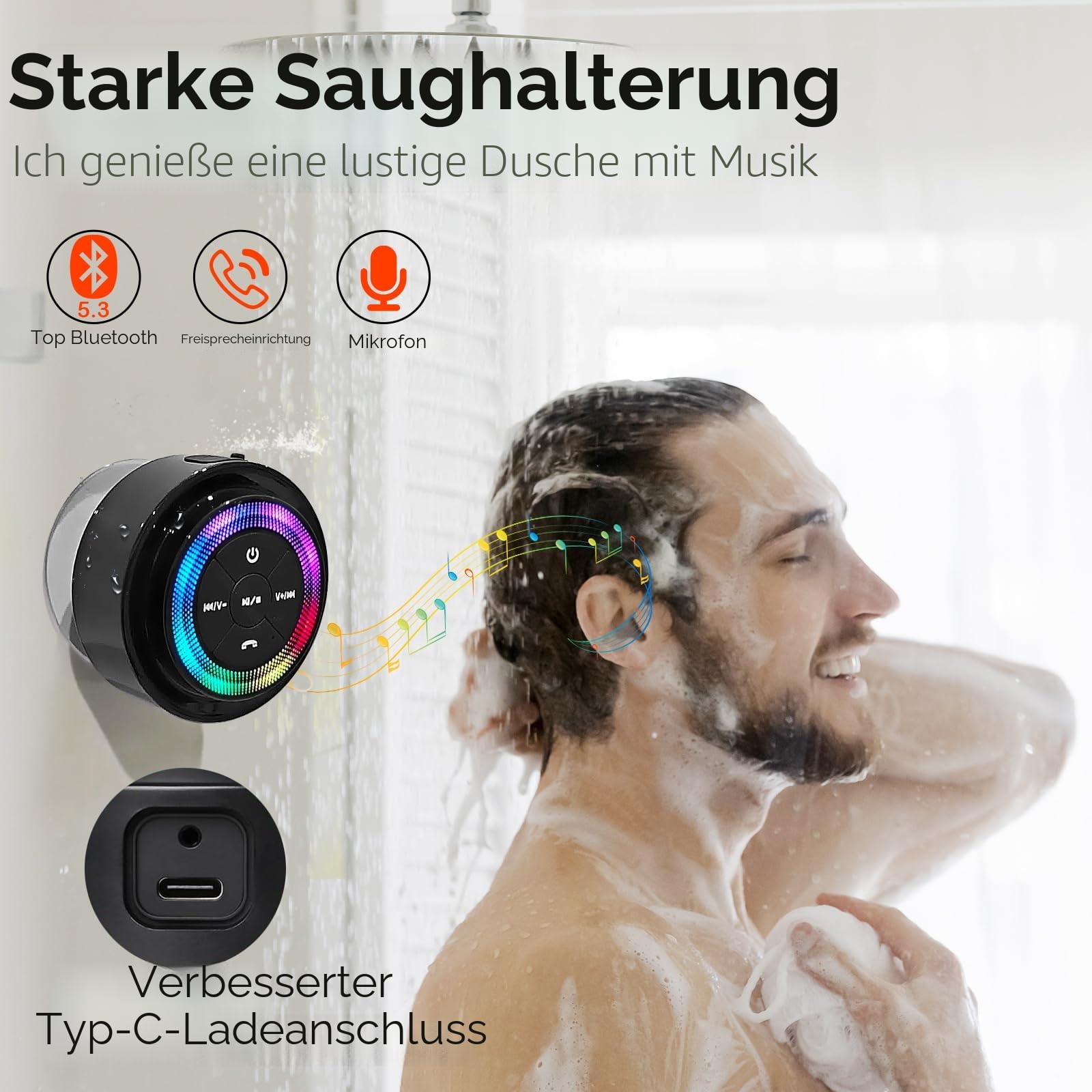 Xleader Mate Dusche Bluetooth Lautsprecher klein, Zertifiziert IPX7 Wasserdicht Bluetoothbox, Mini Music Box Lautsprecher Mit Licht, Saugnapf und Mikrofon, Kristall Sound und Bass, Musikbox Geschenk