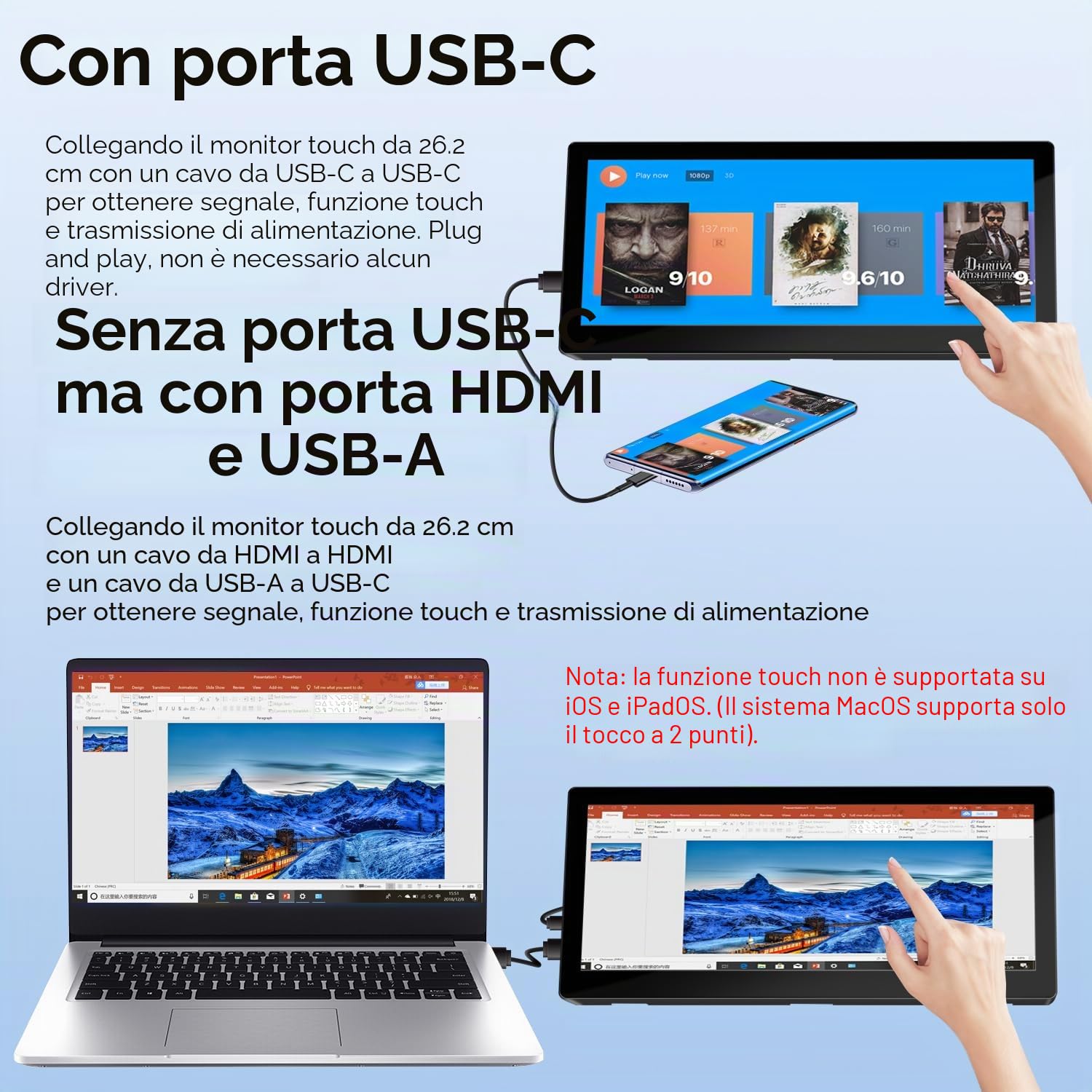 Prechen 10,3 Pollici Monitor Secondario Touchscreen, IPS 1920x720 Display | LCD, HDMI e USB-C, Portatile Schermo Tattile per Computer Monitoraggio GPU, CPU, RAM