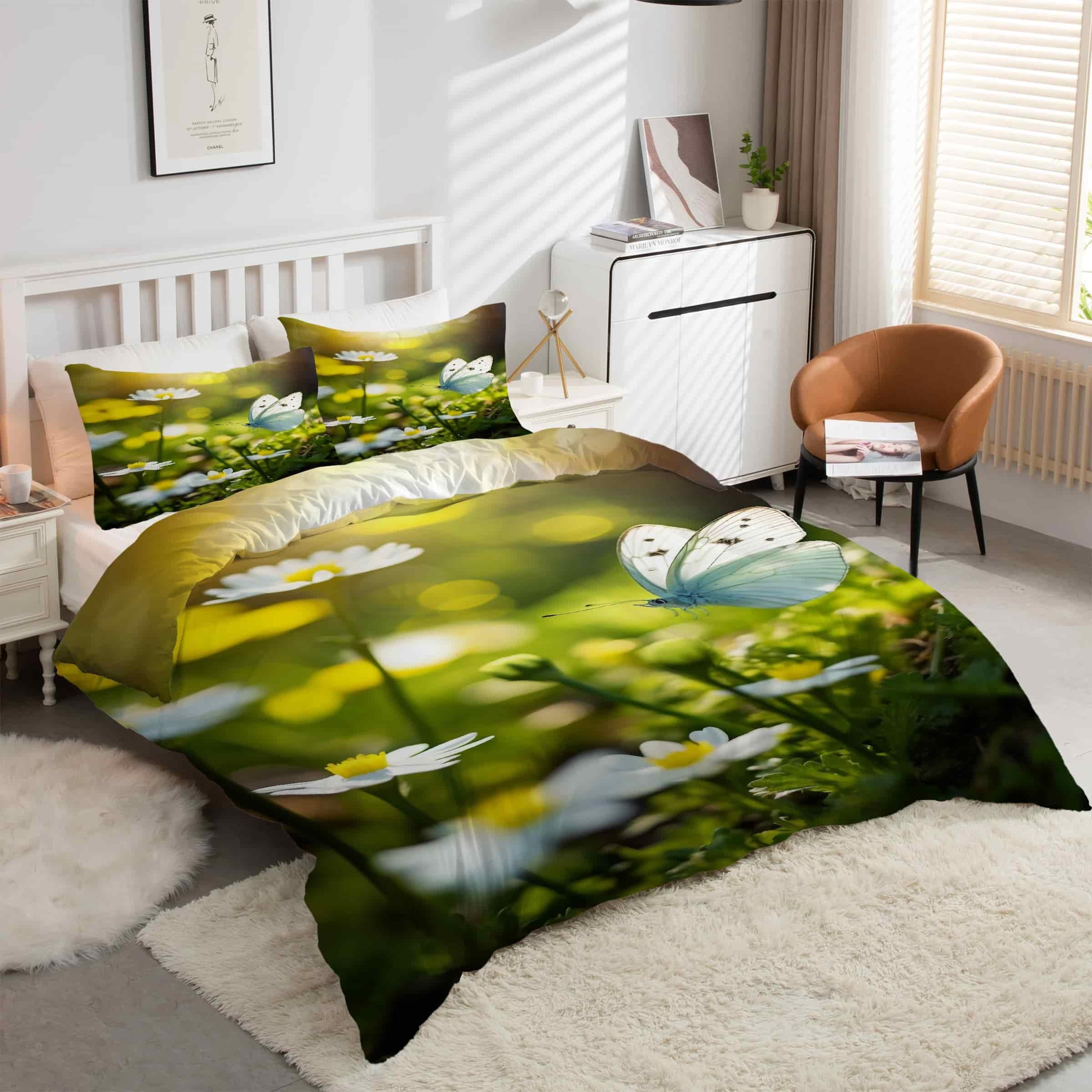 Parure de lit 90x190 pour chambre d'enfant motif marguerite papillon