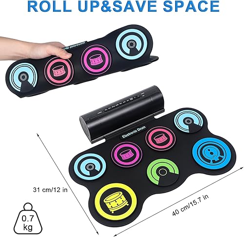 Miniatura 4 de KMISE Juego de batería electrónica, 7 almohadillas de práctica enrollables con conector para auriculares, altavoz integrado, almohadilla gruesa,