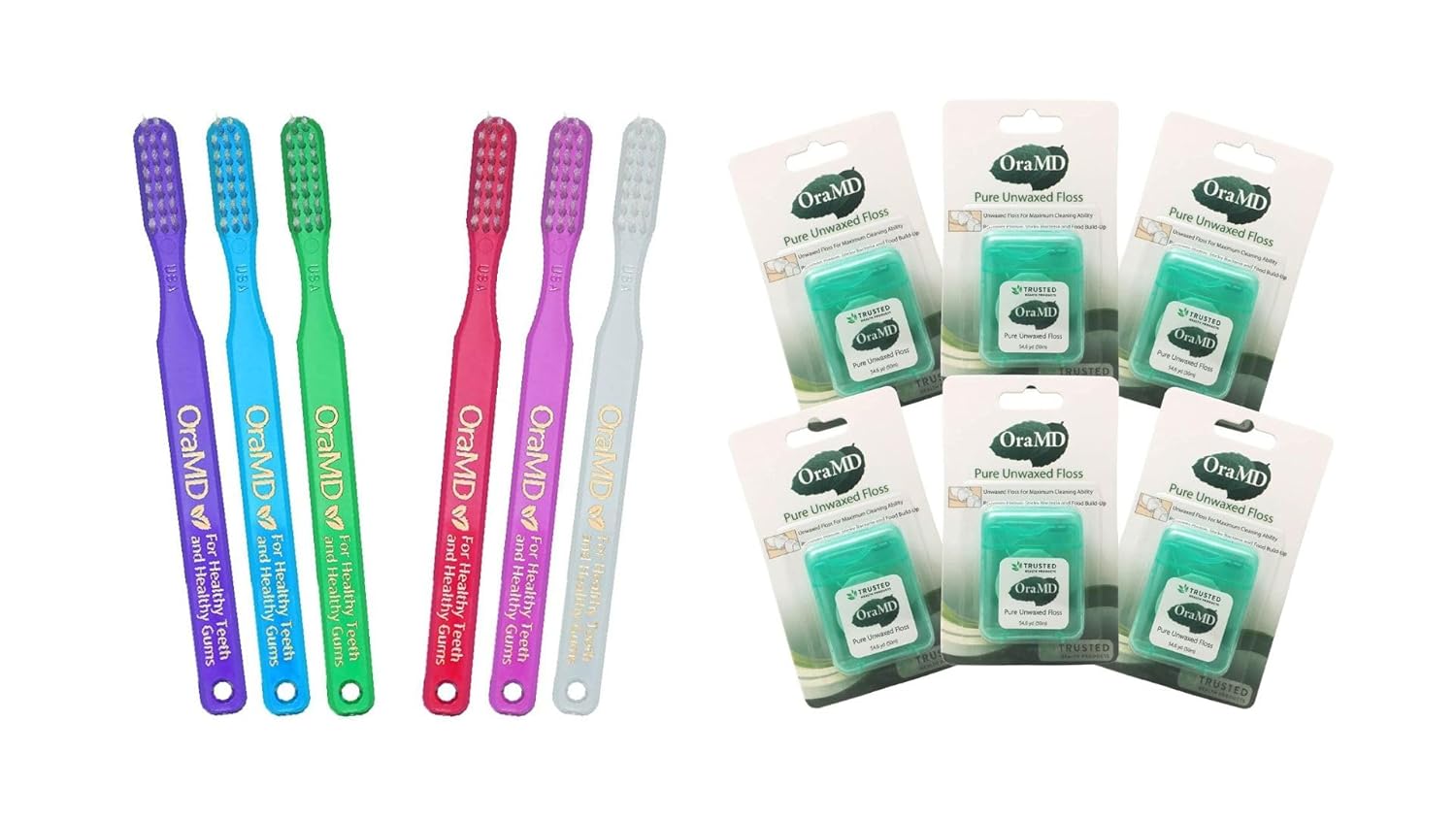 OraMD Dr Bass Toothbrush 6-Pack Pure Unwaxed Dental Floss 6-Pack Soft Bristles Sensitive Teeth