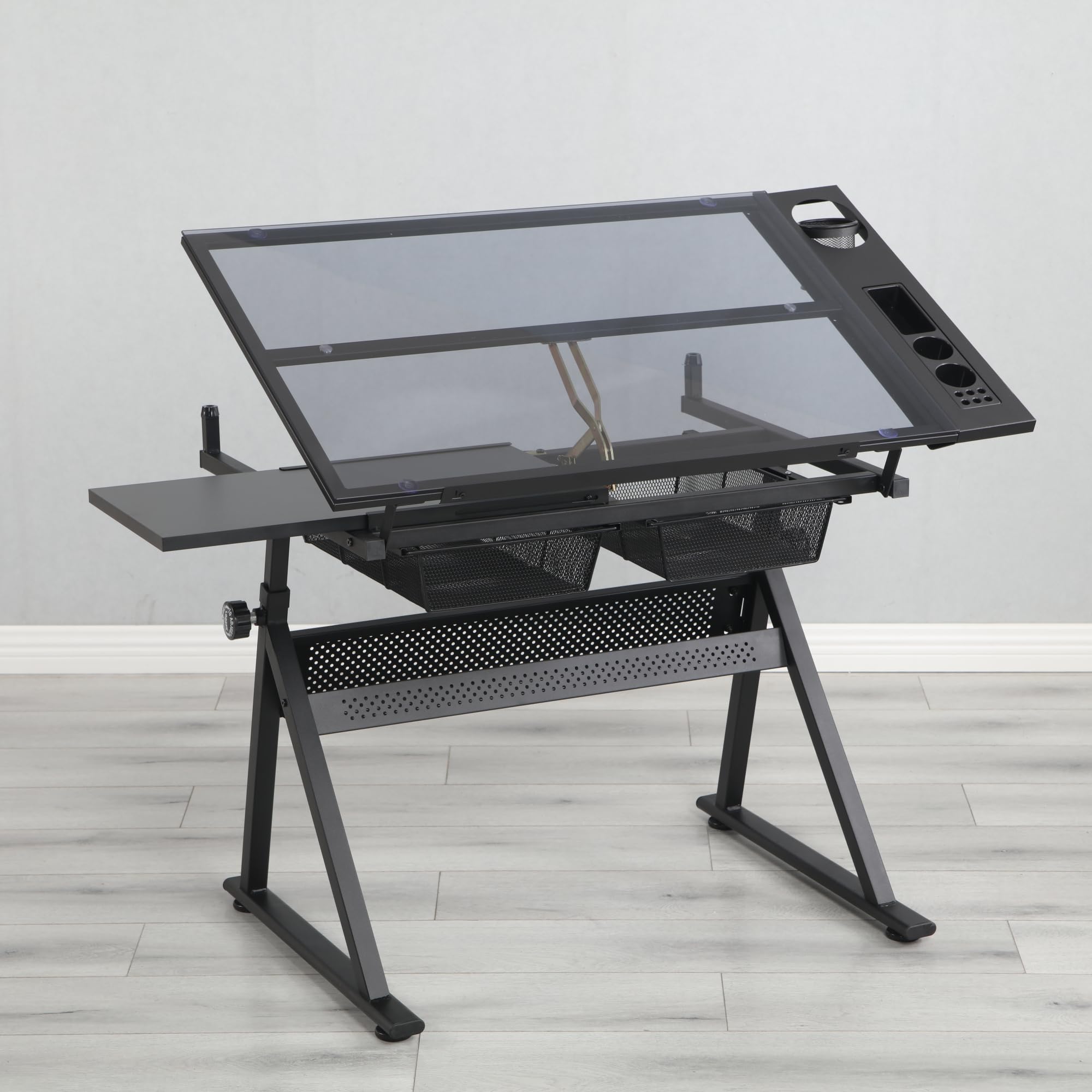 Oosofi Black Adjustable Tempered Glass Drafting Printing Table with Chair