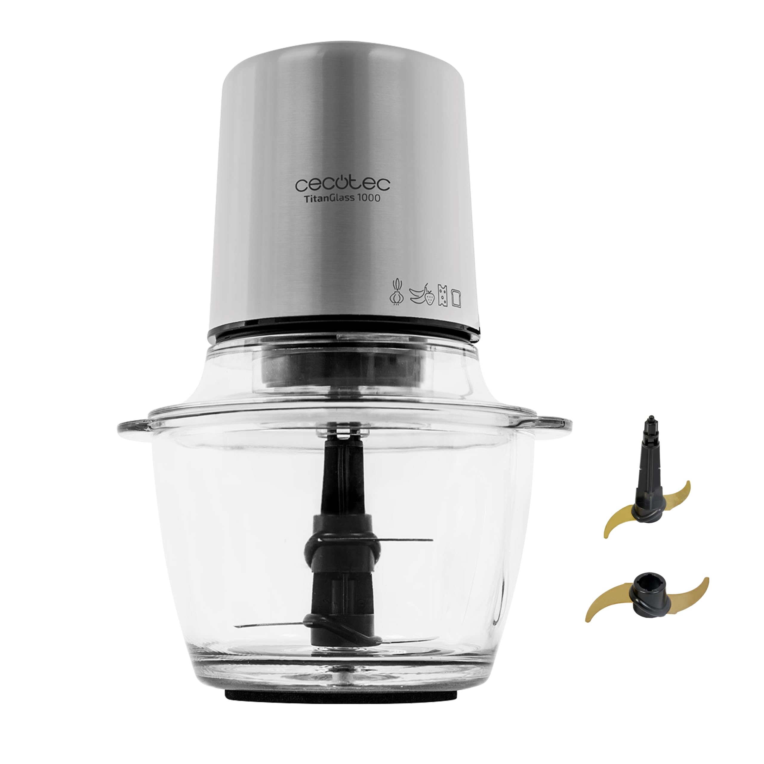 Cecotec Picadora Eléctrica TitanGlass 1000 Max. 500W, 4 Cuchillas Titanio, Pica, Trocea y Corta, ControlSpeed, Bol Cristal 1L, 2 Velocidades, Botón Pulso, Tapa a Presión, Regulable, Lavavajillas
