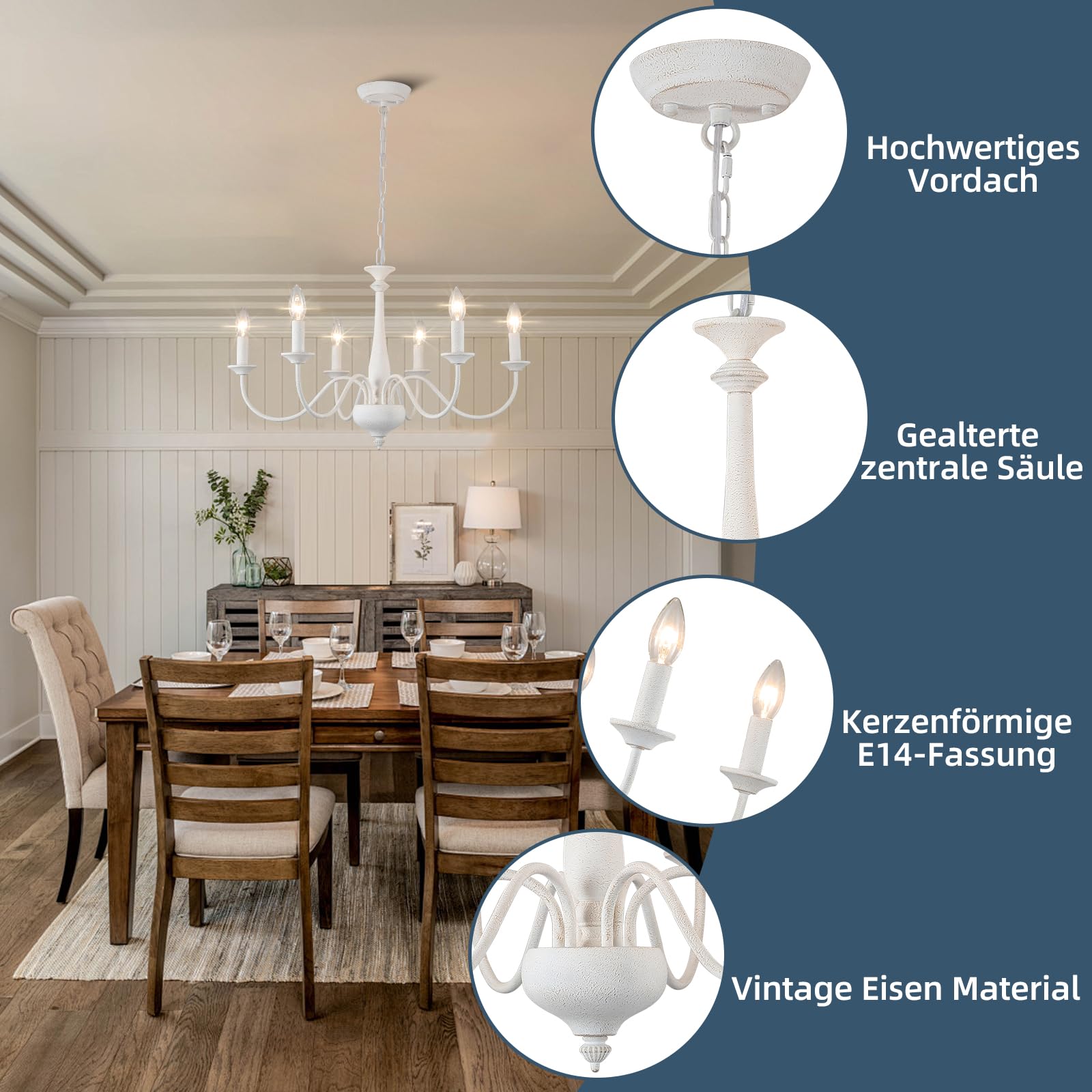 Vintage Kronleuchter Antik Weiß, Französisches Landhausdesign, 6-Flammig, Bauernhaus, Rustikale Retro-Pendelleuchte, Industrial Hängeleuchte für Wohnzimmer, Küche, Esszimmer, Flur, Schlafzimmer