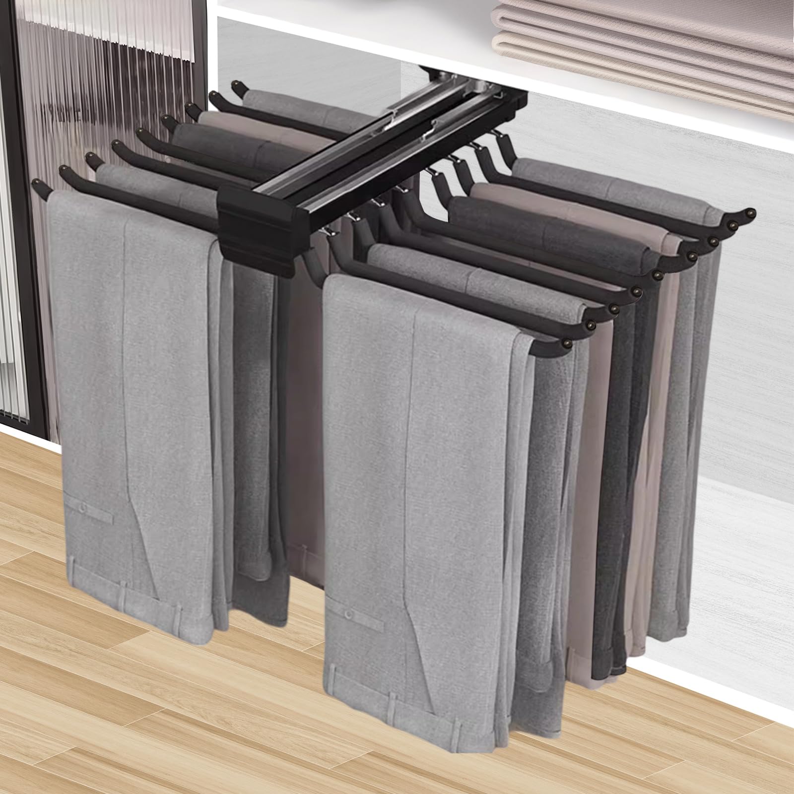 Soporte extensible para pantalón, barra para 18 pantalón, suspensión con amortiguador silencioso, organizador de ropa que ahorra espacio 45,8 cm