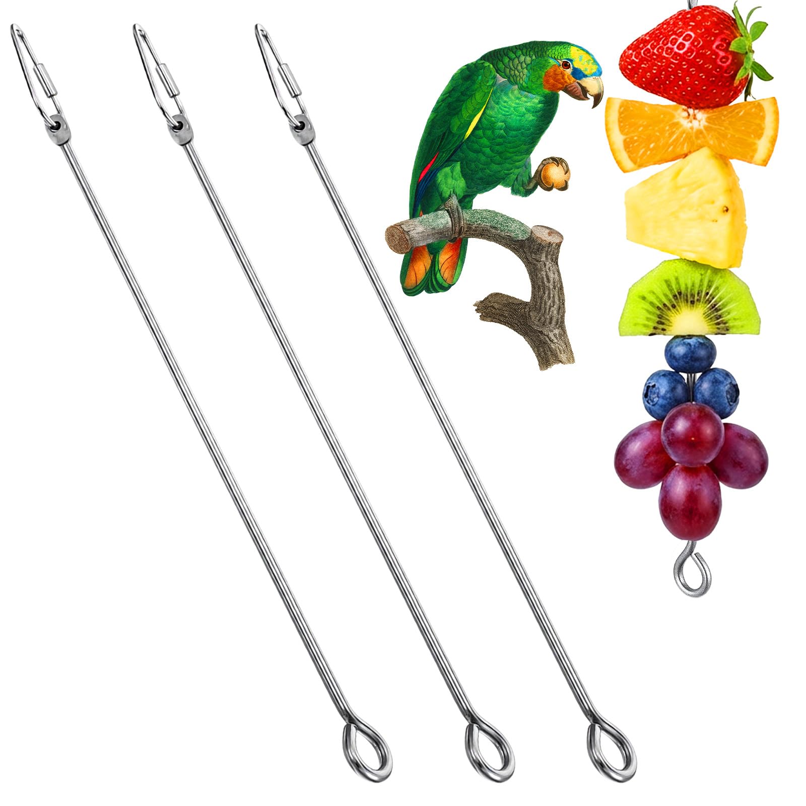 3Pcs Bird Cage Food Holder with Hook, 10.6 Inch Stainless Steel Bird Food Skewers, Fruit & Vegetable Holder for Parrot, Macaw, Budgie & Parakeet, Hanging Foraging Toy for Cage Enrichment