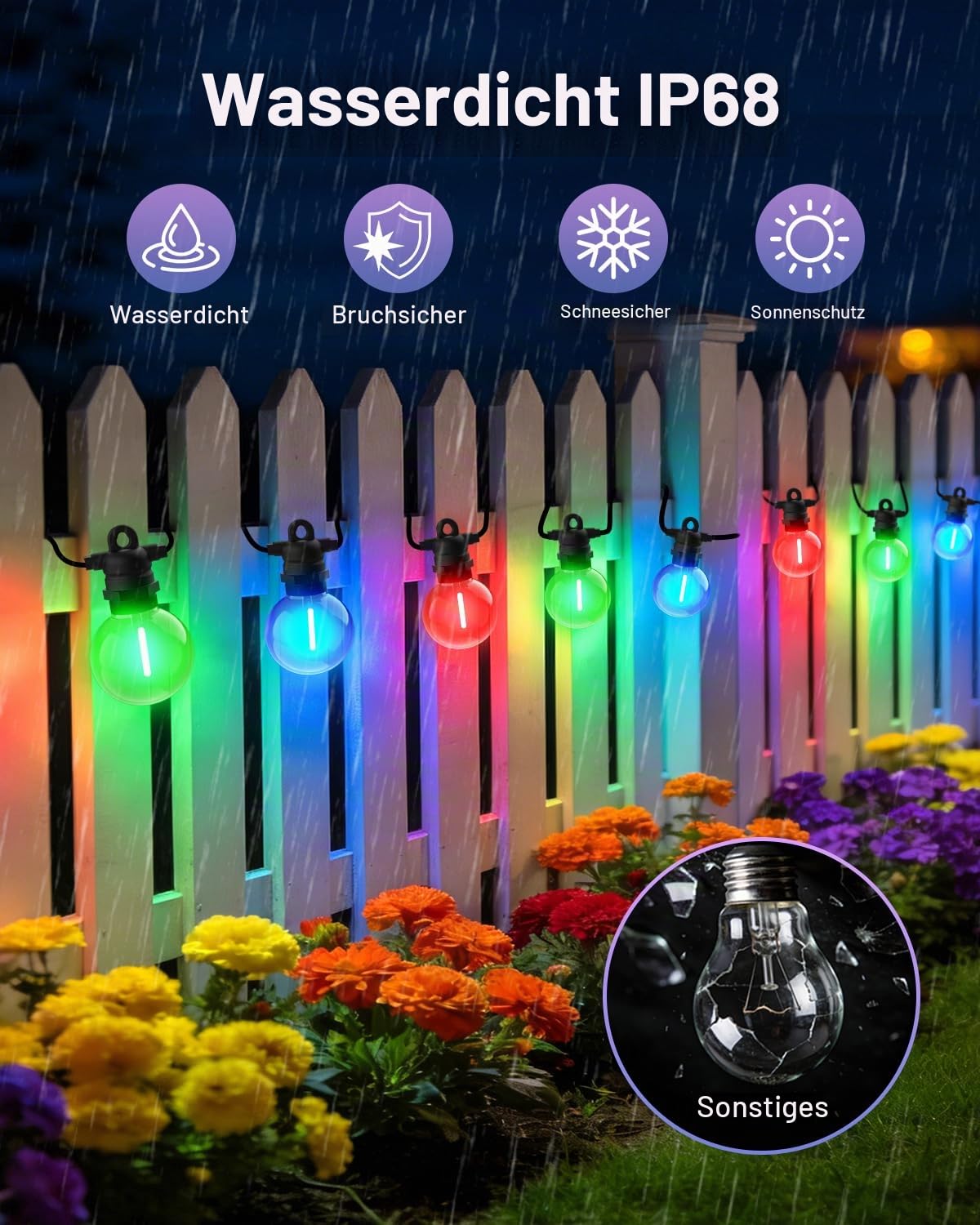 LED Lichterkette Außen Strom, Warmweiß & Farbwechsel, 15M 24 Glühbirnen, 8 Modi Lichterkette Outdoor mit Fernbedienung, IP68 G40 Lichterketten für Innen Garten Balkon Pavillon Terrasse Deko