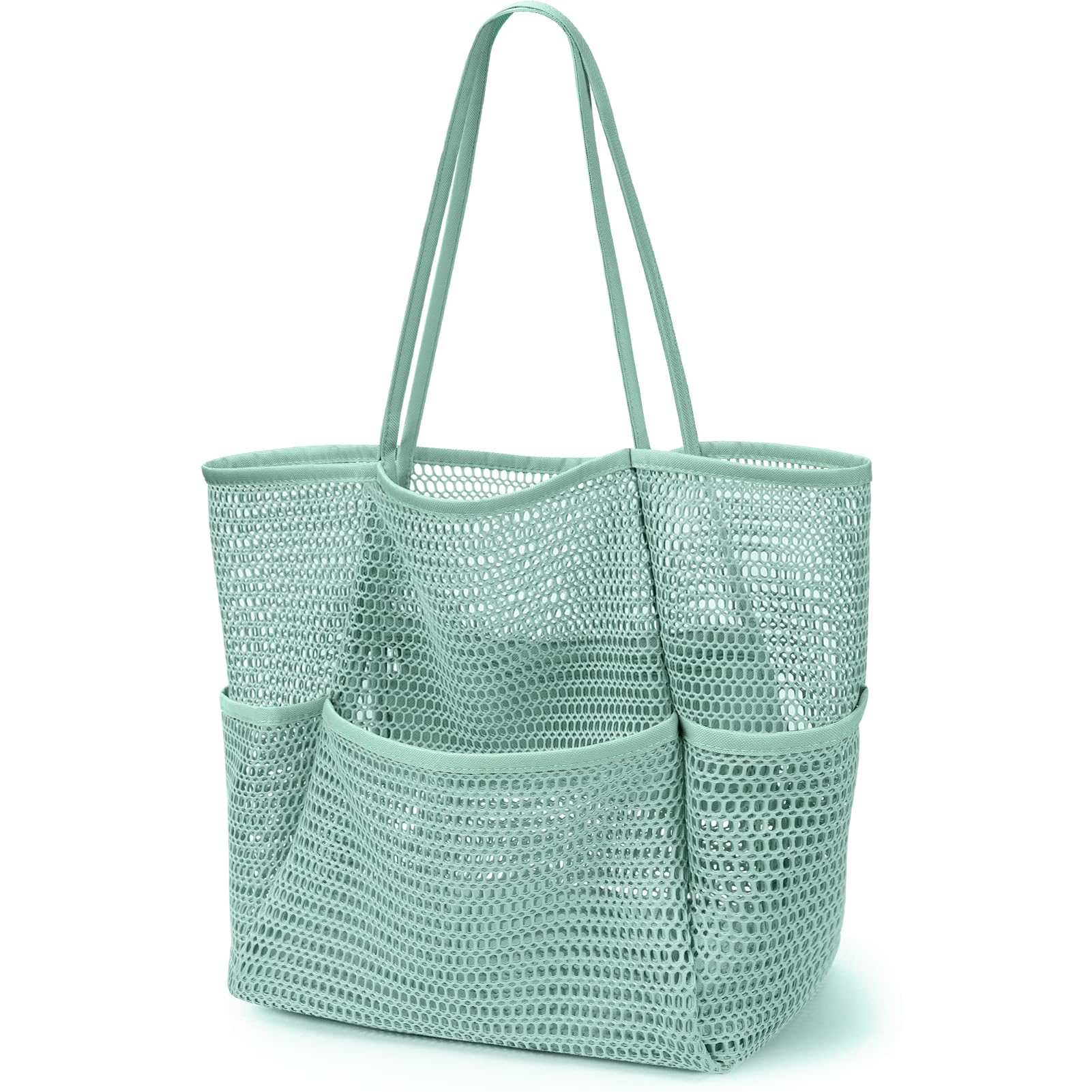 KPX Beach Bag with Mini Pocket, Summer Beach Tote Bags for Women Large Foldable Mesh Swimming Pool Travel Bags - Sandproof (Ash Green)