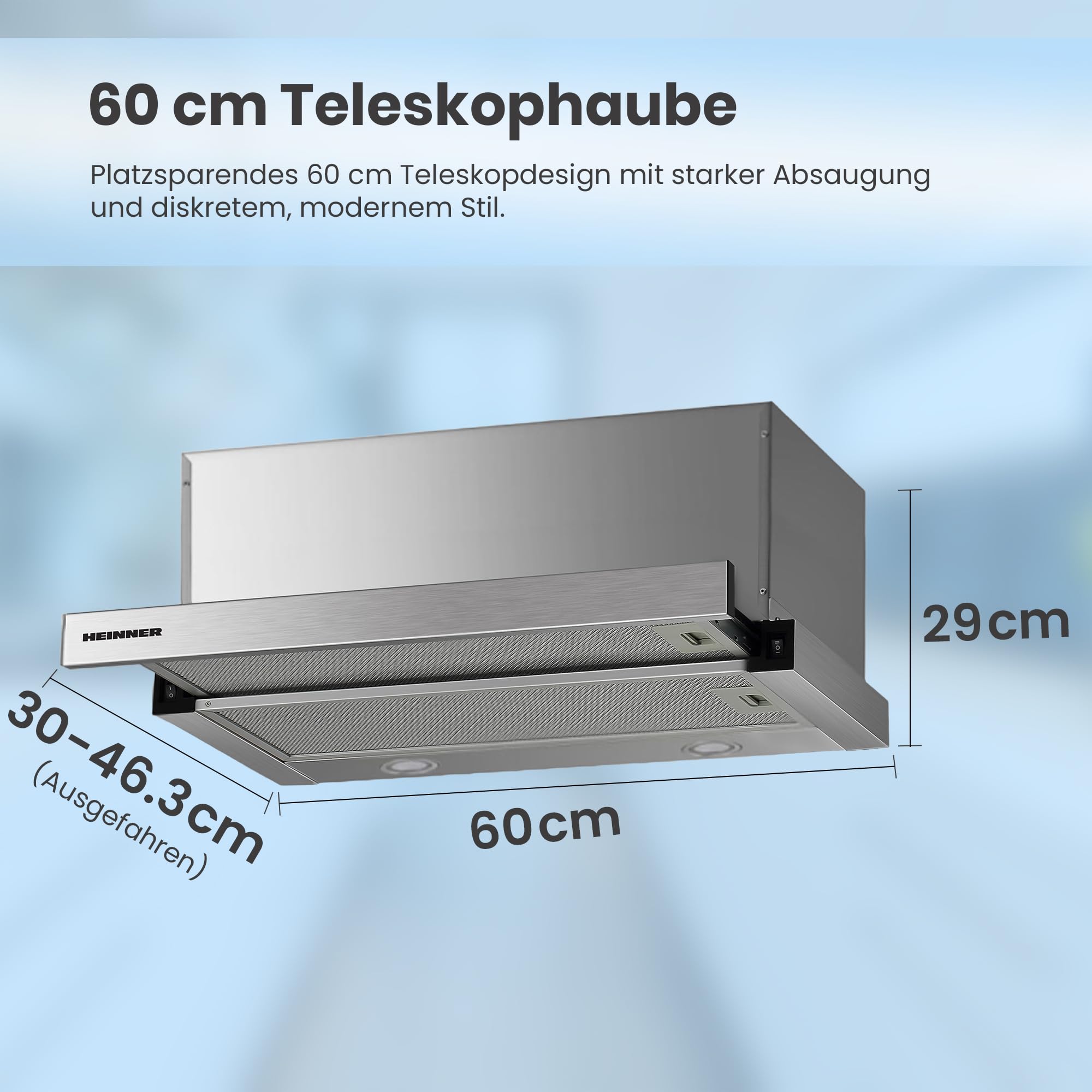 HTCH-F660IX Teleskop-Dunstabzugshaube - 60 cm, 612 m³/h Absaugung, 200 W Motor, Dual 1,5 W LED-Leuchten, Edelstahl-Finish, 5 Jahre Garantie