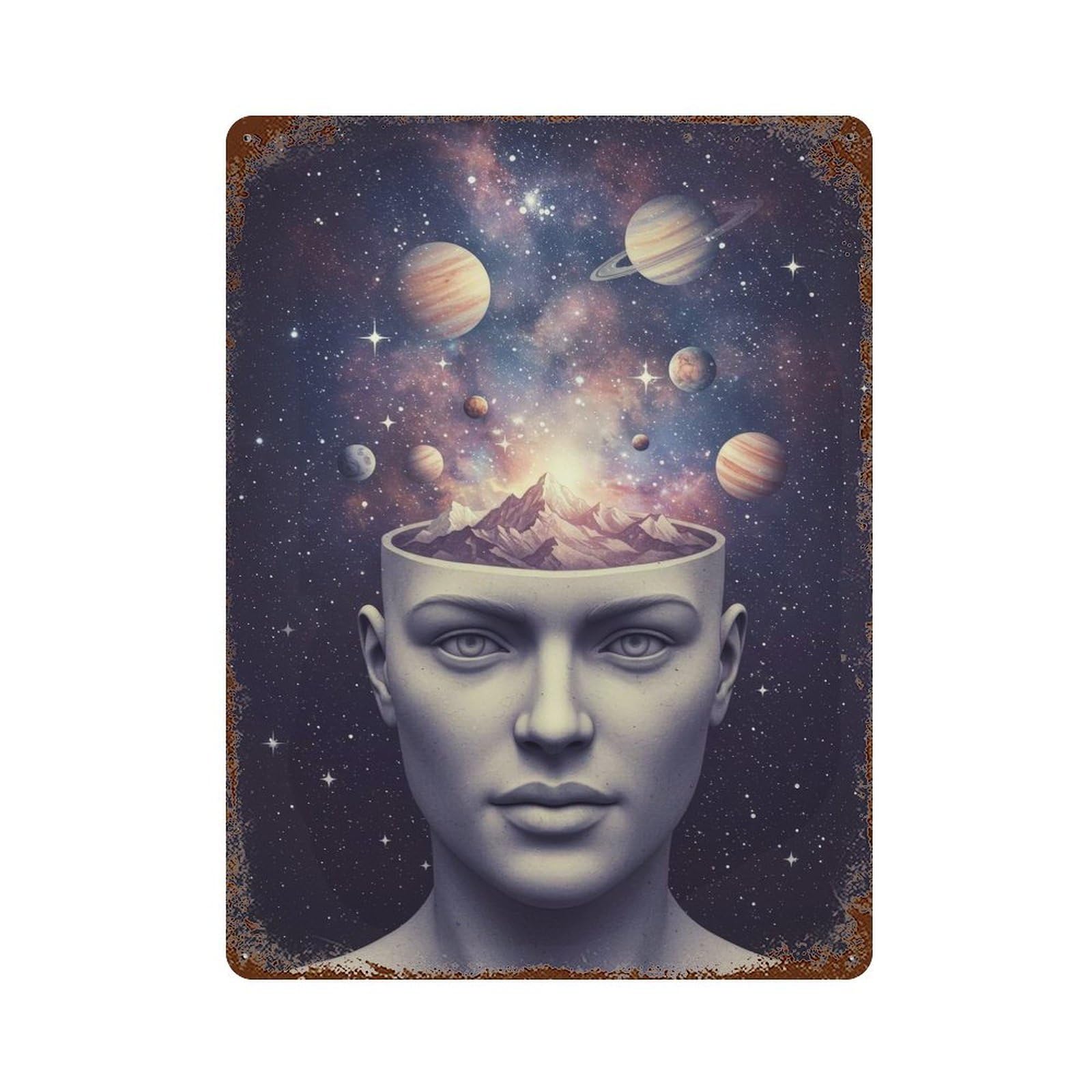 Rust Effect Cosmic Mindscape Distressed Metal Wall Sign 15.7"x11.8", Decorative Metal Wall Art for Living Room, Hallway And Home Decor