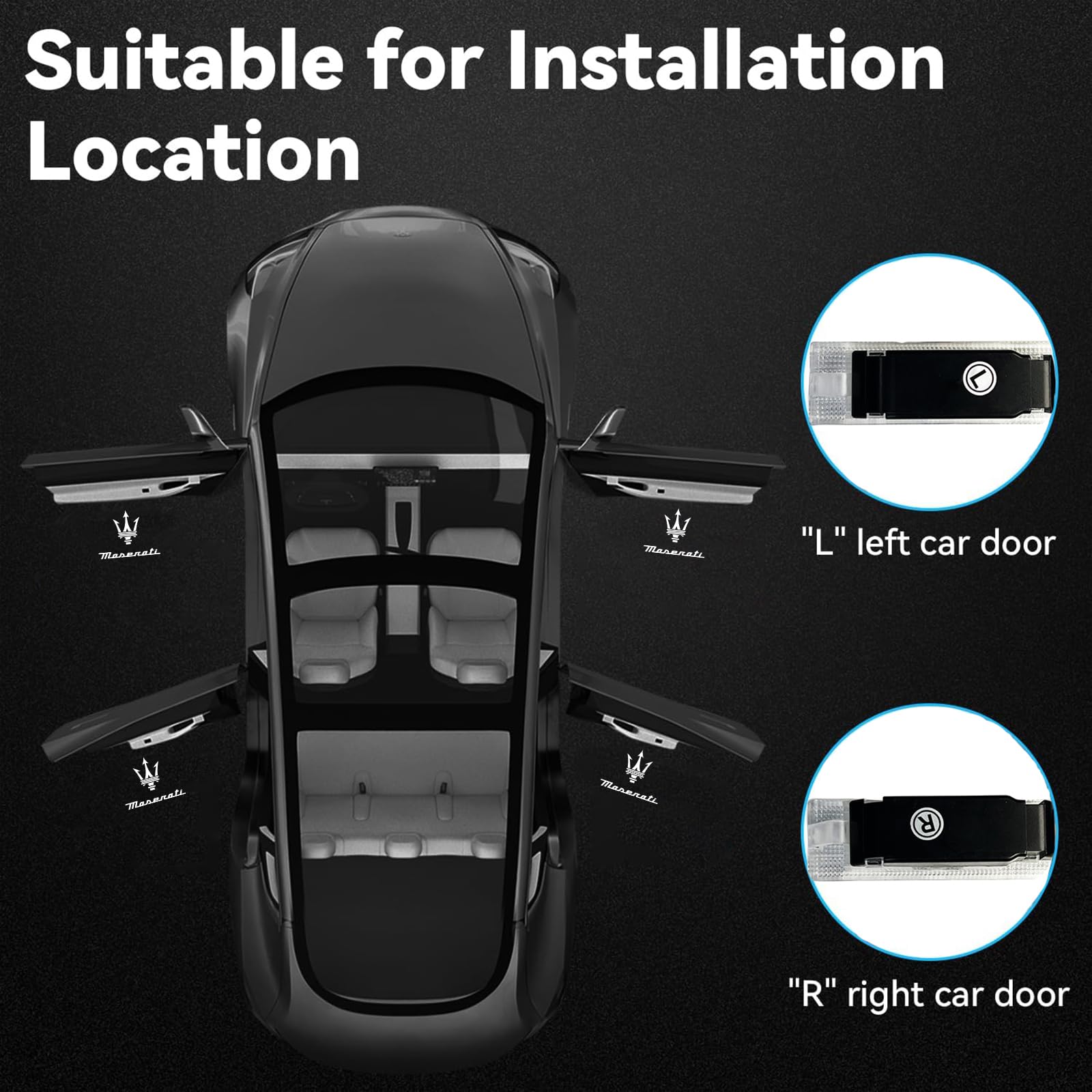 2PCS Never Fade Car Door Lights Logo Compatible with Maserati Accessories, Ghost Shadow Welcome Puddle Projection Light for Maserati Quattroporte Ghibli Grecale Levante (Logo with Letters)