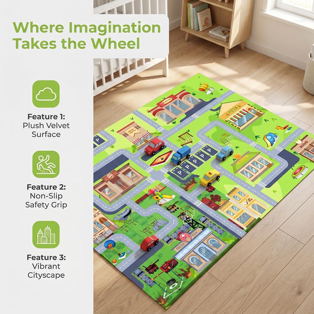 Tappeto da gioco per auto giocattolo, Tappeto Stradale per Bambini, per Bambini AntiscivoloTappetos Soggiorno e Camera da Letto -80×120cm