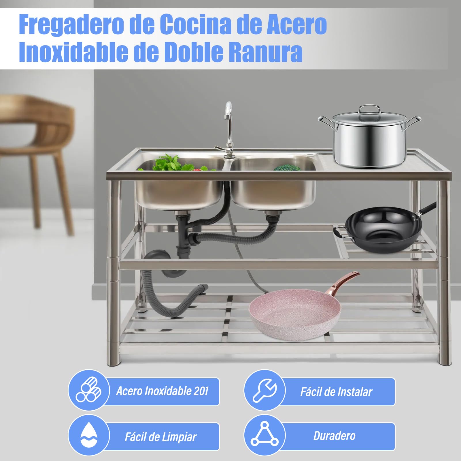 De pie libre de acero inoxidable doble tazón fregadero de uso de acero inoxidable, Comercial restaurante cocina fregadero conjunto w/grifo, tabla de drenaje, lavabo w/banco de trabajo, estantes