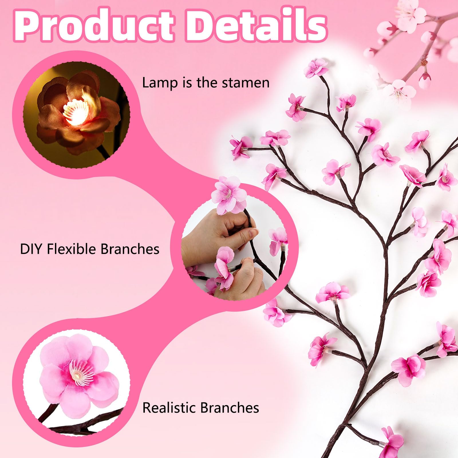 2,3 m, 144 LED, fiori di ciliegio, decorazione da parete, con telecomando, 8 modalità, timer alimentato tramite USB, fiori di ciliegio, rami, luci per
