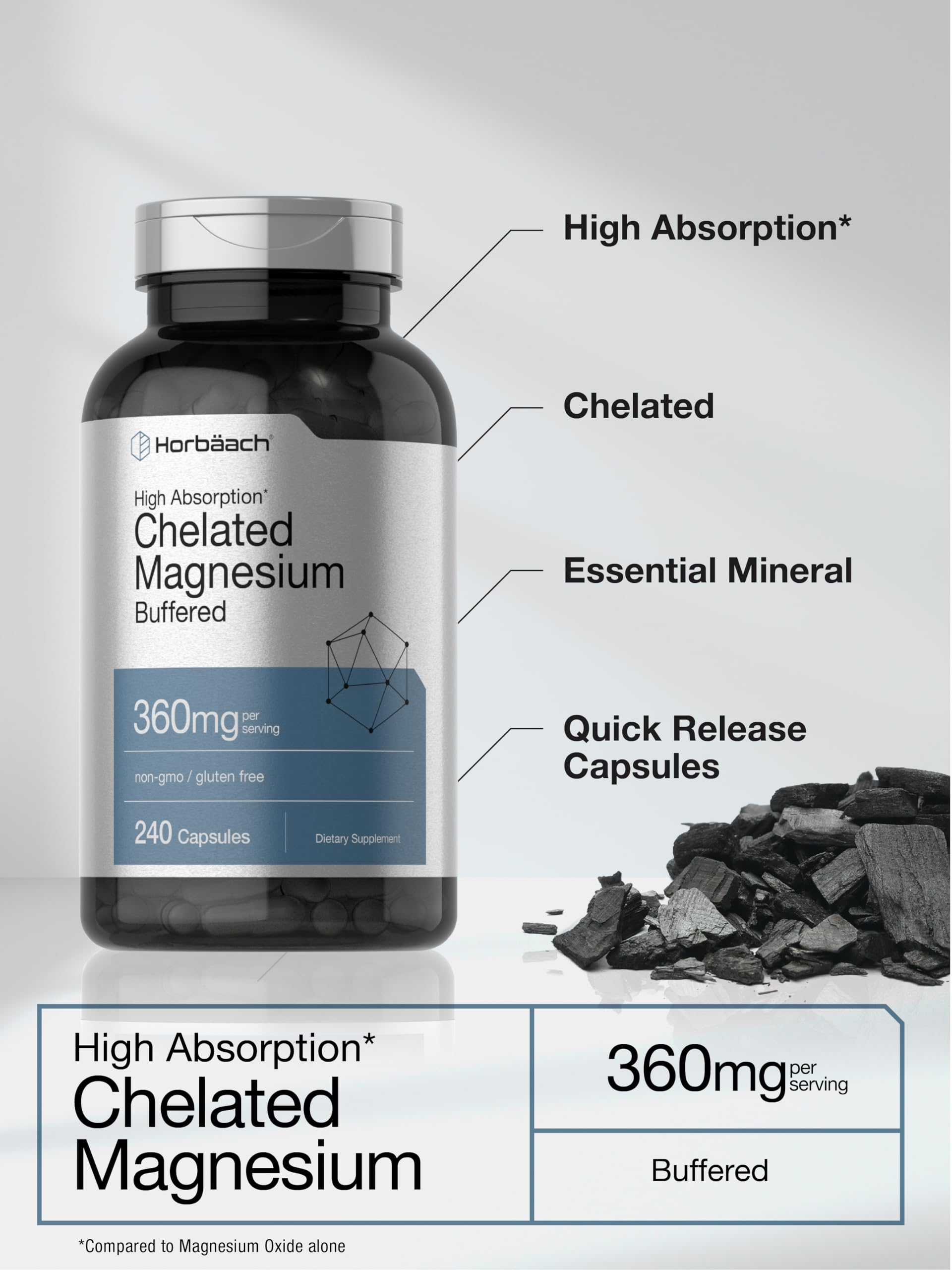 Horbäach Chelated Magnesium | 360mg | 240 Capsules — Amazon image 4