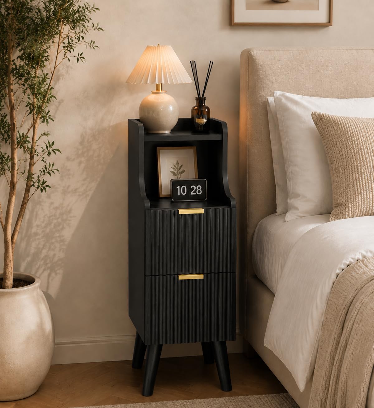 BREEZEHEAT Fluted Narrow Nightstand, Mid Century Modern Skinny Bedside Table for Bedroom, 7.9" Thin Night Stand Side End Table with 2 Drawers and Open Shelf for Small Spaces, Black