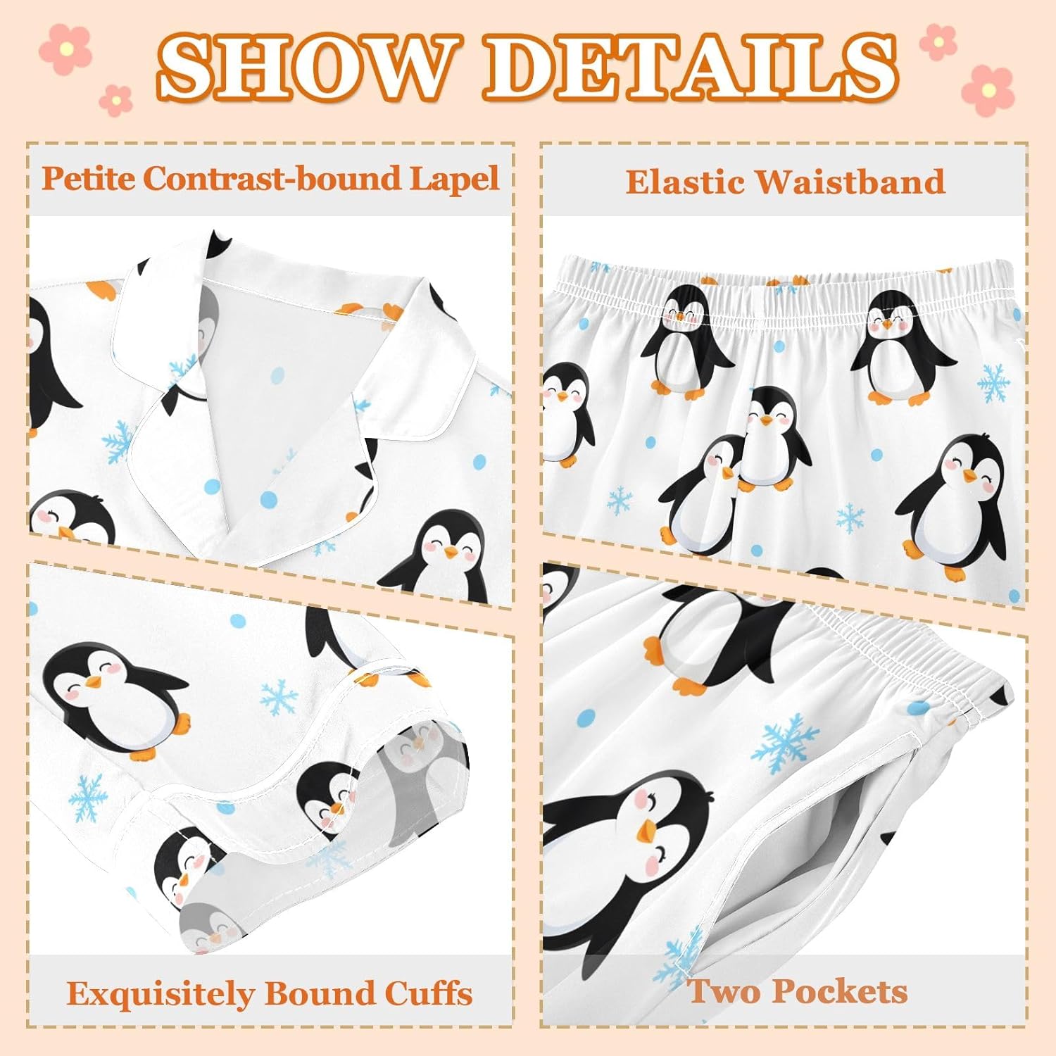 Kids Casual Satin Wear Set Penguin Snowflake Pattern Unisex Relaxed Fit Clothing