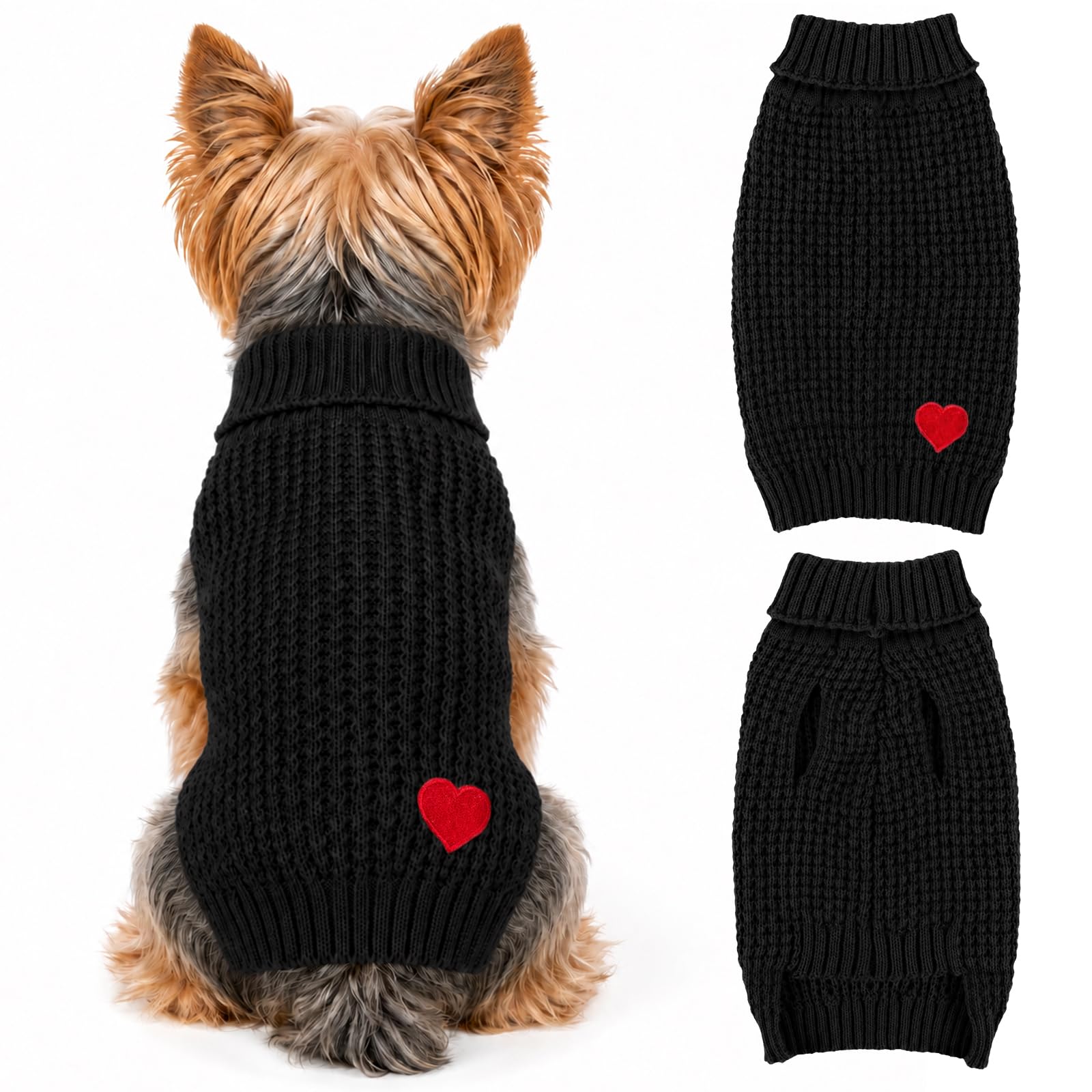 Winmany Dog Sweater for Small Dogs Puppy Solid Color Heart Jumper Chihuahua Yorkie Turtleneck Pullover Clothes Fall Winter Knitwear Outfits (Black, L)