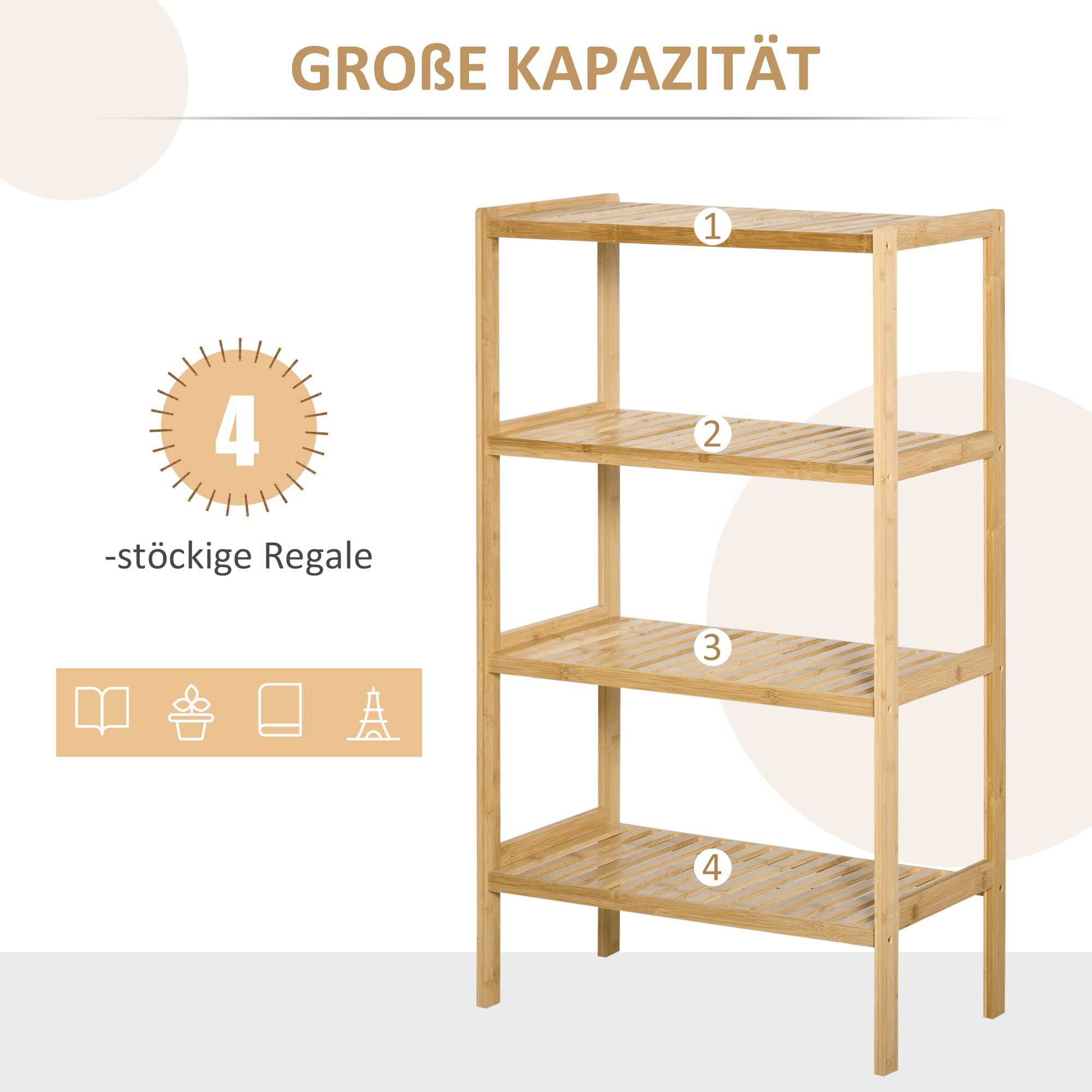 HOMCOM Badregal Standregal mit 4 Ebenen für Bad Natur 62 x 33 x 112 cm | Bambusregal, Küchenregal, für Küche, Wohnzimmer, Flur