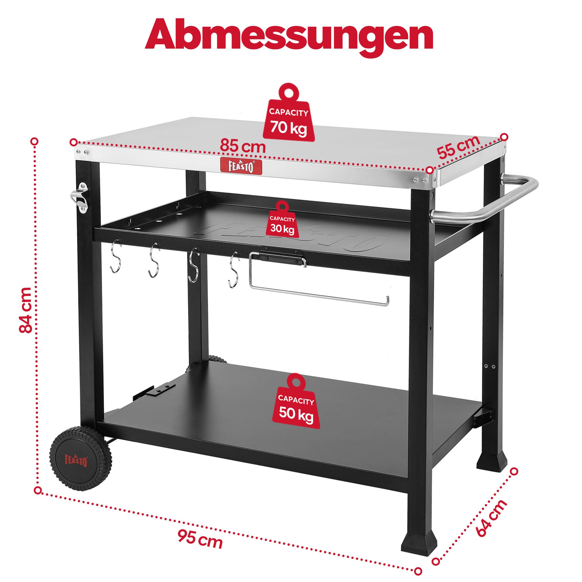 Feasto Grillwagen Outdoor 3 Etagen, Multifunktionaler Grilltisch mit Edelstahlplatt, Griff, Rollen, Ideal für Küche, Terrasse, Balkon und Buffet, 95x64x84cm, Schwarz