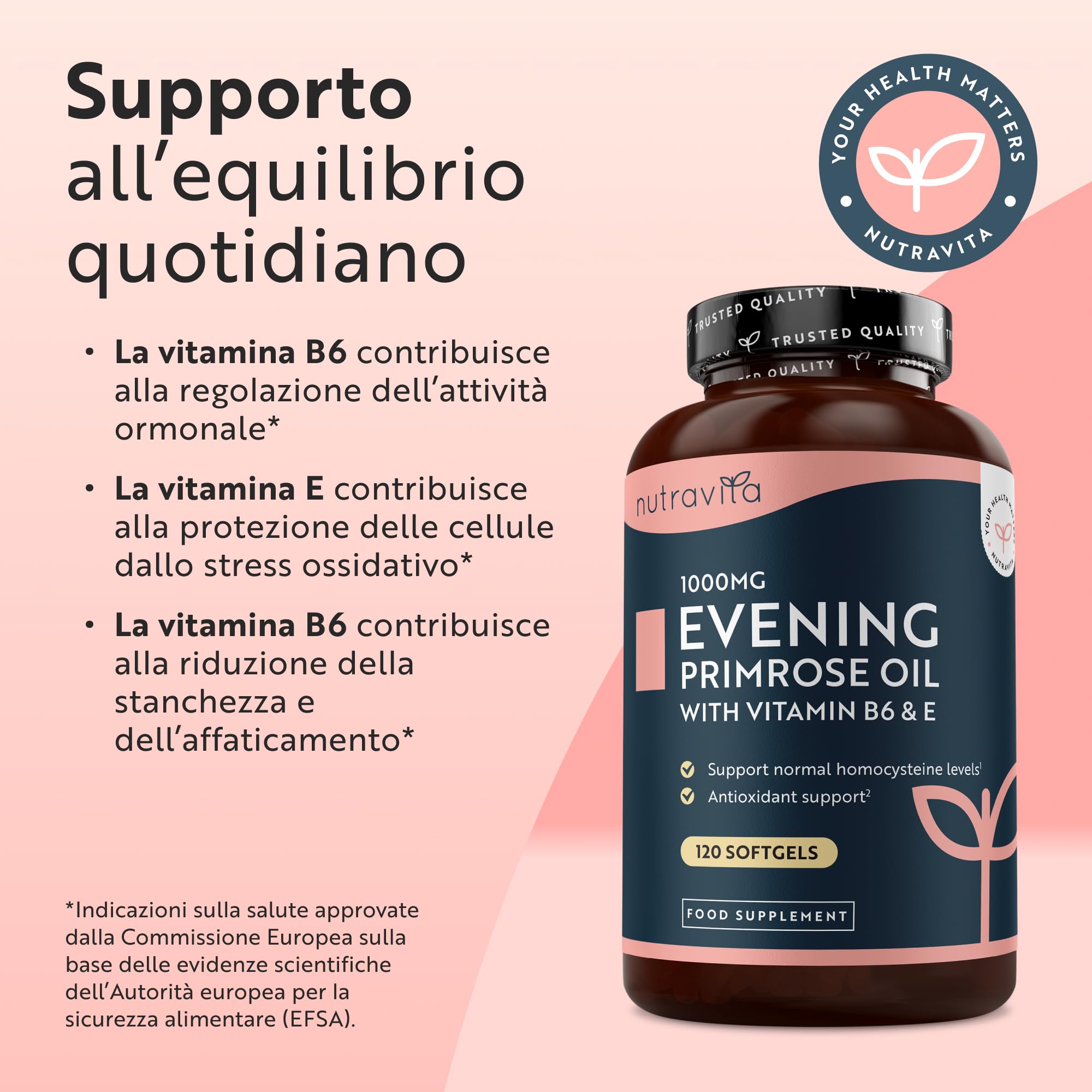Nutravita Olio di Enotera 1000 mg con Vitamina E & B6 – 120 Capsule Molli ad Alta Potenza – Ricca Fonte di Omega 6 e GLA - Contribuisce al Mantenimento della Pelle Normale