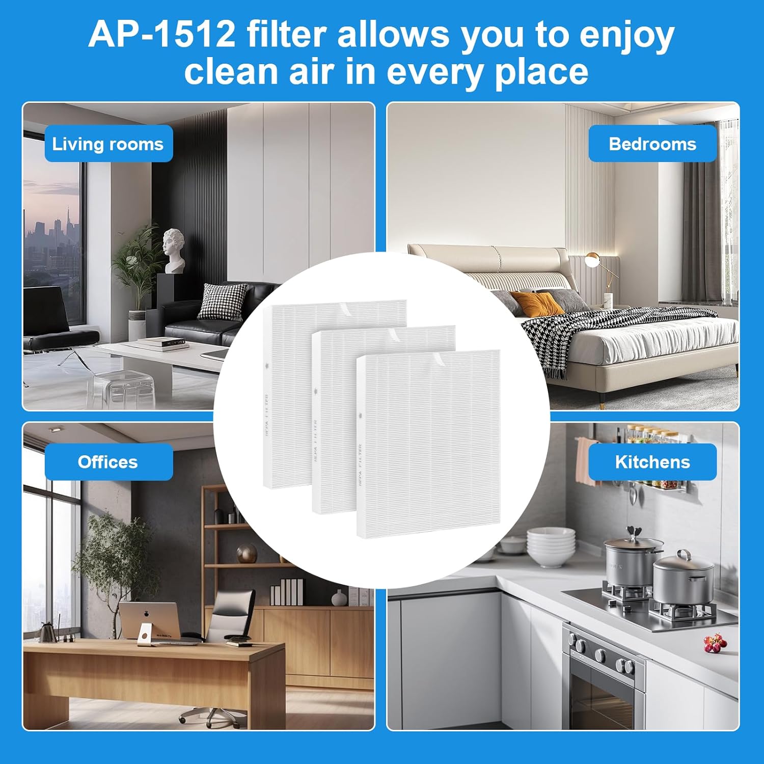 3-Pack Airmega AP-1512HH Air Purifier Replacement Filter,True HEPA Replacement filter Compatible with Coway Airmega AP-1512HH Air Purifier and Airmega 200M Air Purifier, AP-1512HH, AP-1512HH-FP
