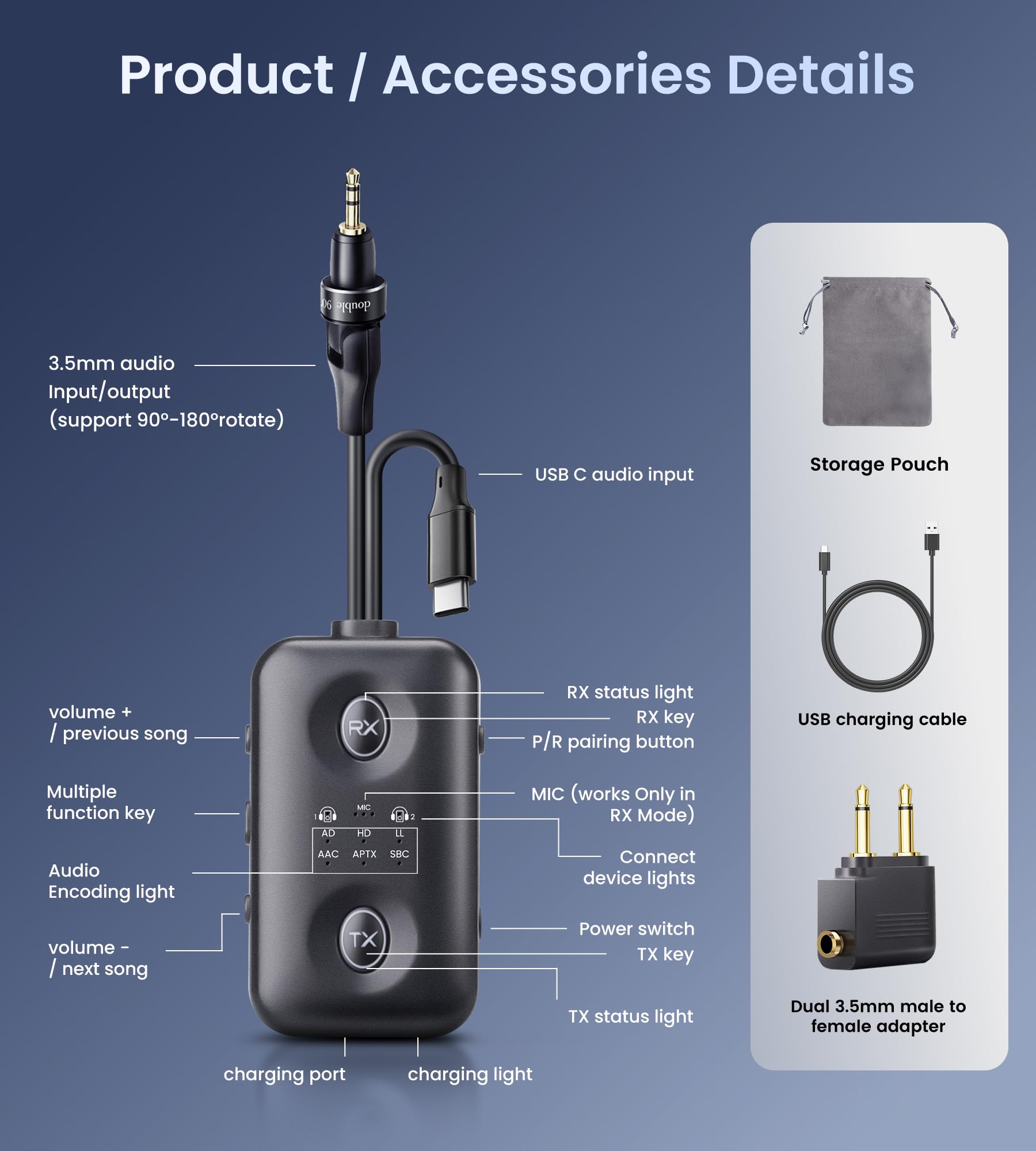 Unikalna konstrukcja odbiornika nadajnika Bluetooth 5.4 z Qualcomm aptX Adaptive do podwójnych słuchawek AirPods, gniazdo Aux 3,5 mm i adapter Bluetooth USB C do samolotu/telewizora/PS5/siłowni