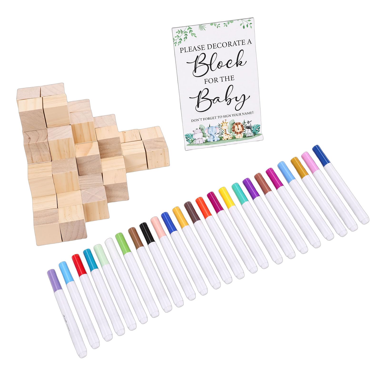Tissting Kit Giochi per Baby Shower 75 Pezzi - Blocchi in Legno da Decorare con 24 Pennarelli Acrilici per Feste di Rivelazione del Sesso, 3.5x3.5x3.5cm (1.38x1.38x1.38in) ciascuno