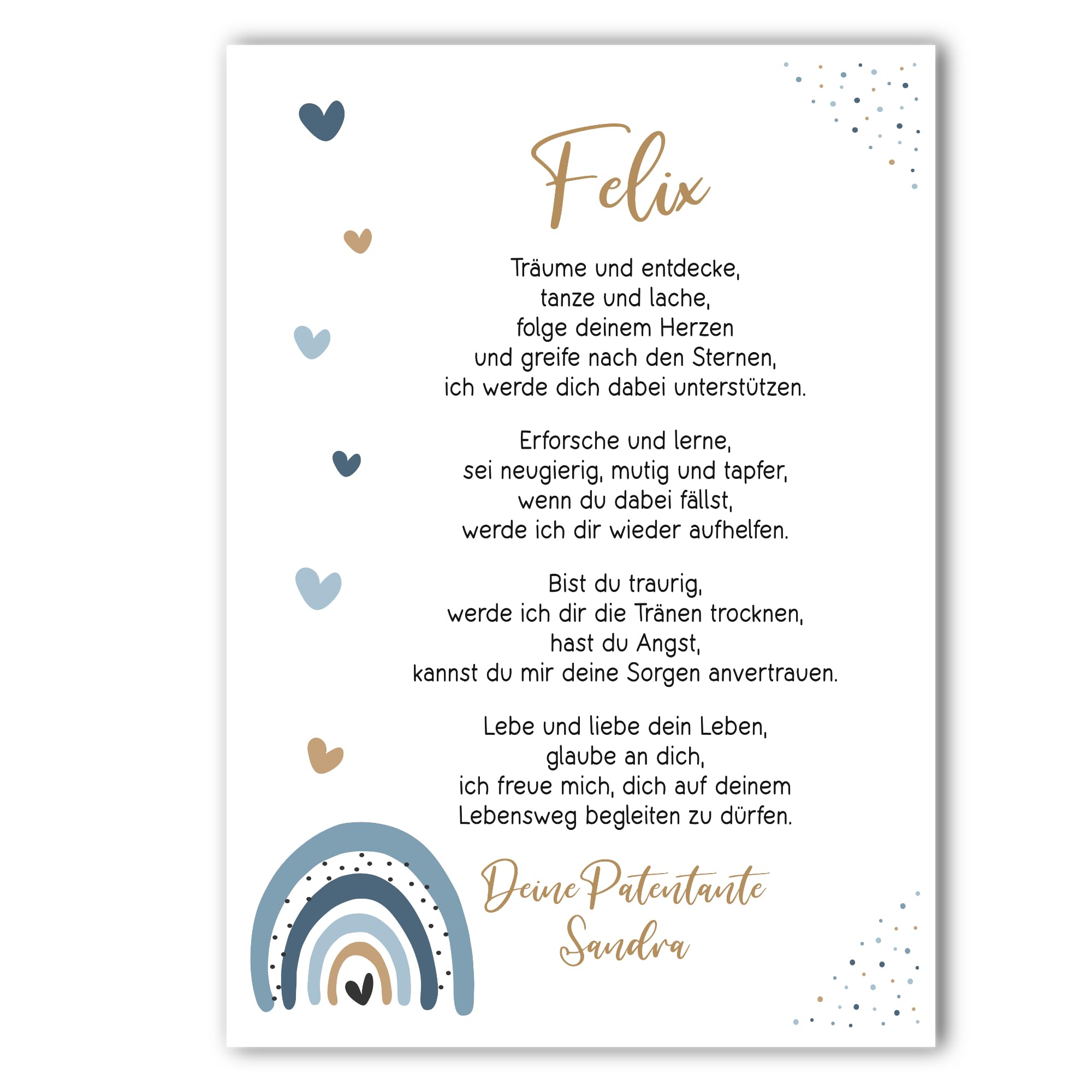 Taufgeschenk Kunstdruck | Taufe Poster | personalisiert | Patenbrief Patenkind | Regenbogen | Junge oder Mädchen (Blau)