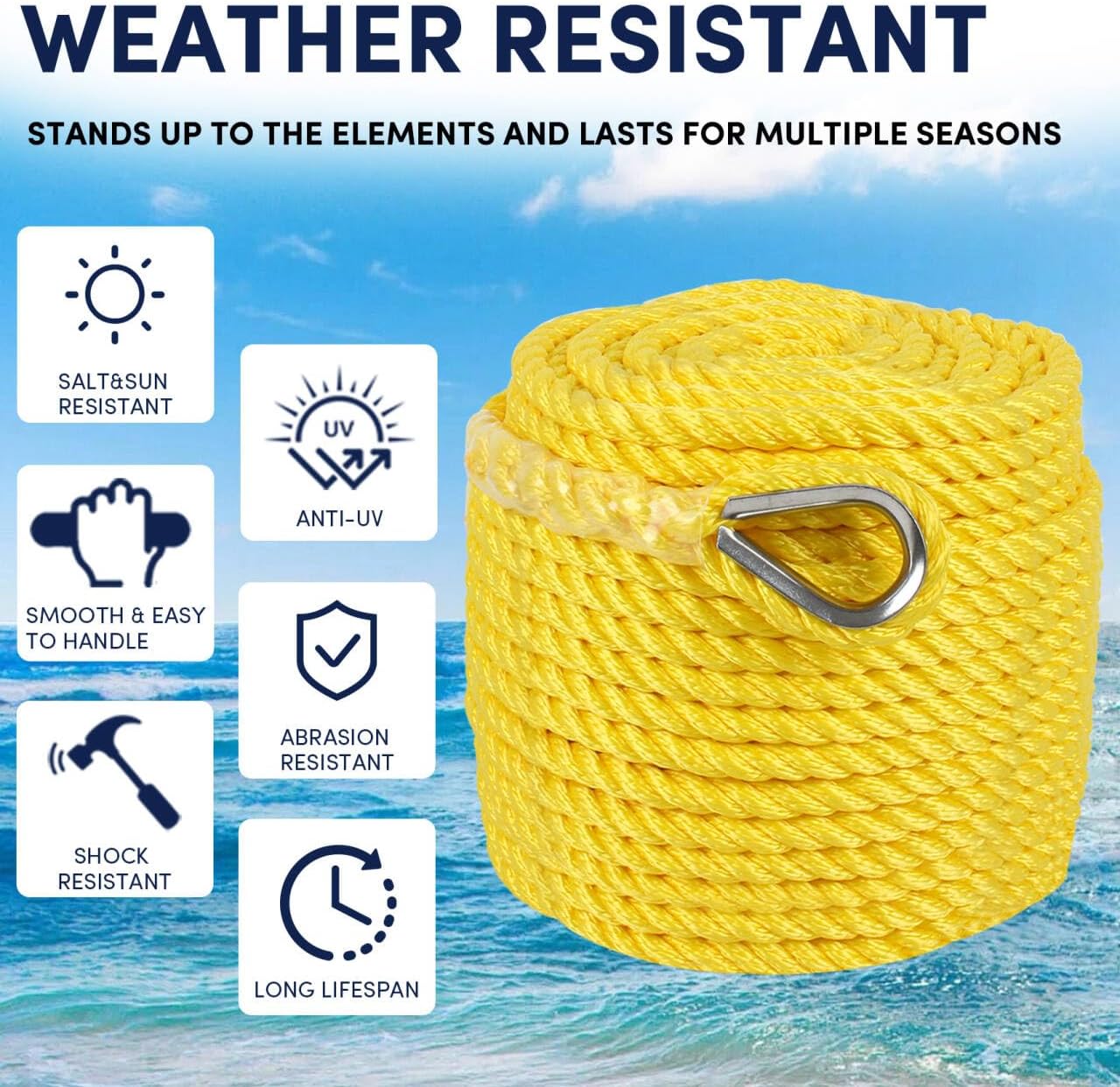 Boat Anchor Rope 1/2inch x300ft, Polypropylene Three Strand Braided Boat Lines Dockline with Thimble, Twisted Anchor Line for Boat/Sailboat/Mooring/Pull Lines, 5850LB Breaking Strain, Yellow