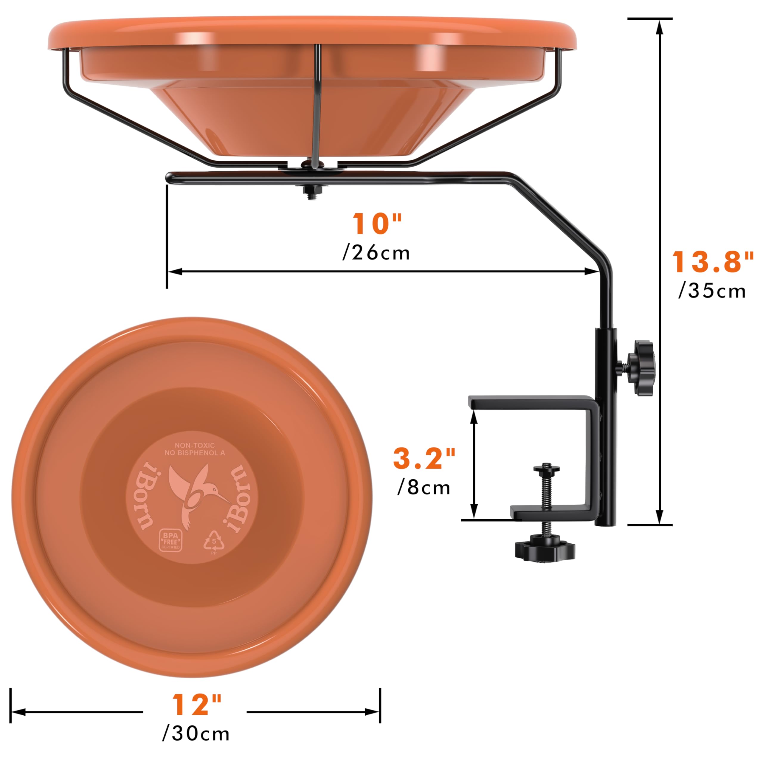 iBorn Bird Bath for Outside,Deck Mounted Bird Bath 12in，Birds Baths for Outdoors with Adjustable Clamp 3.2in，BPA-Free Bowl，360&deg;Swivel & Adjustable Height Bracket，Detachable Birds Baths, Pack of 1 - image 2