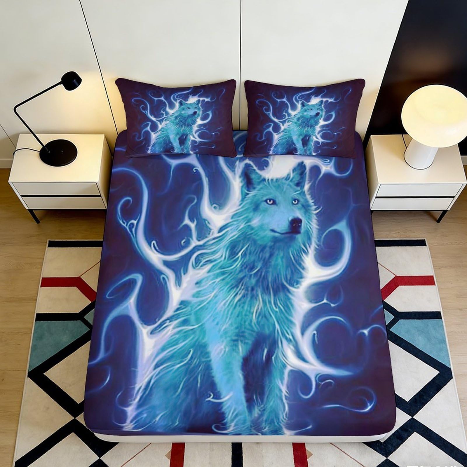 3D Printed Wolf Pattern Fitted Sheet Microfiber Deep Pocket Non-Slip Wolf Mattress Fitted Cover for Bedroom Adults Teens 120x200x25cm